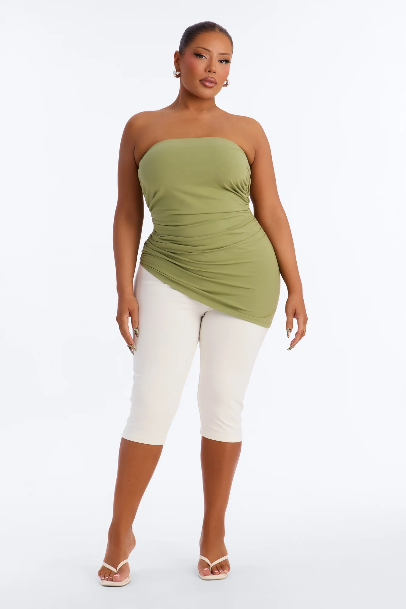 Quinn Asymmetrical Ruched Tube Top - Moss - Image 6