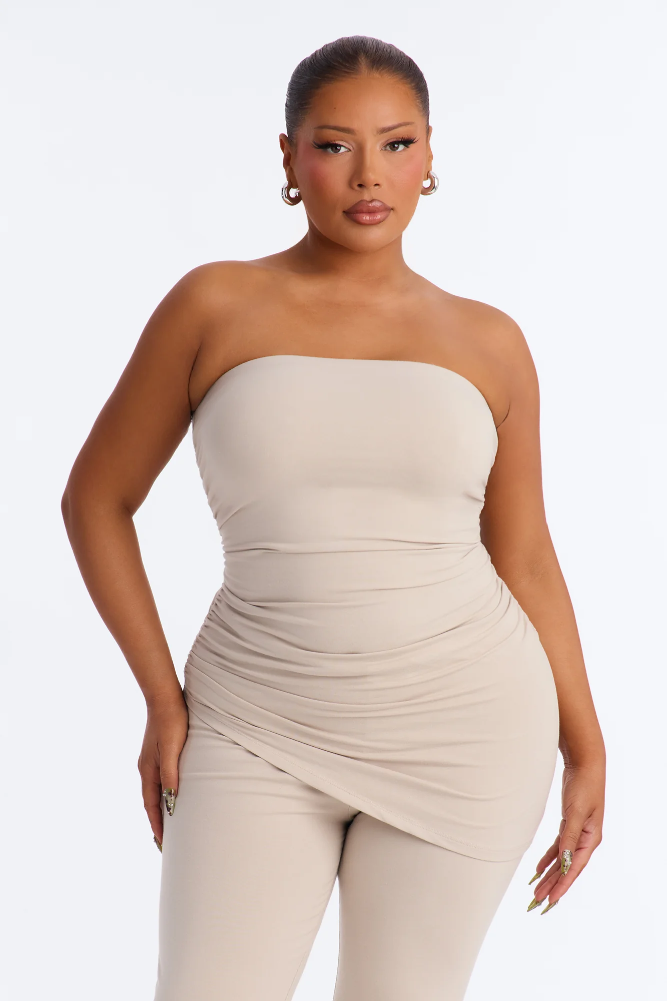 Quinn Asymmetrical Ruched Tube Top - Stone - Image 5
