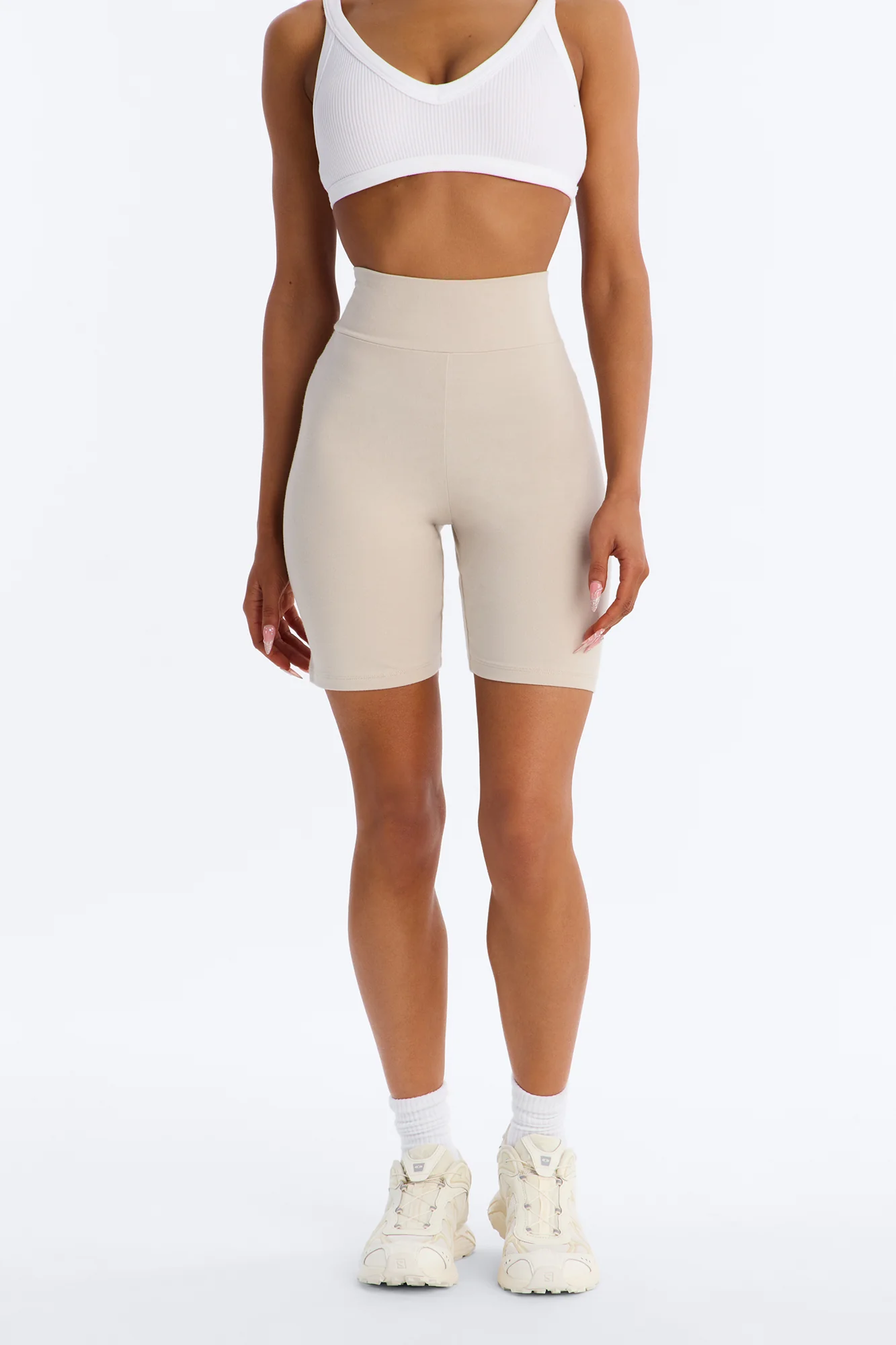 Quinn High Rise Everyday Cotton Biker Short 7″ - Stone
