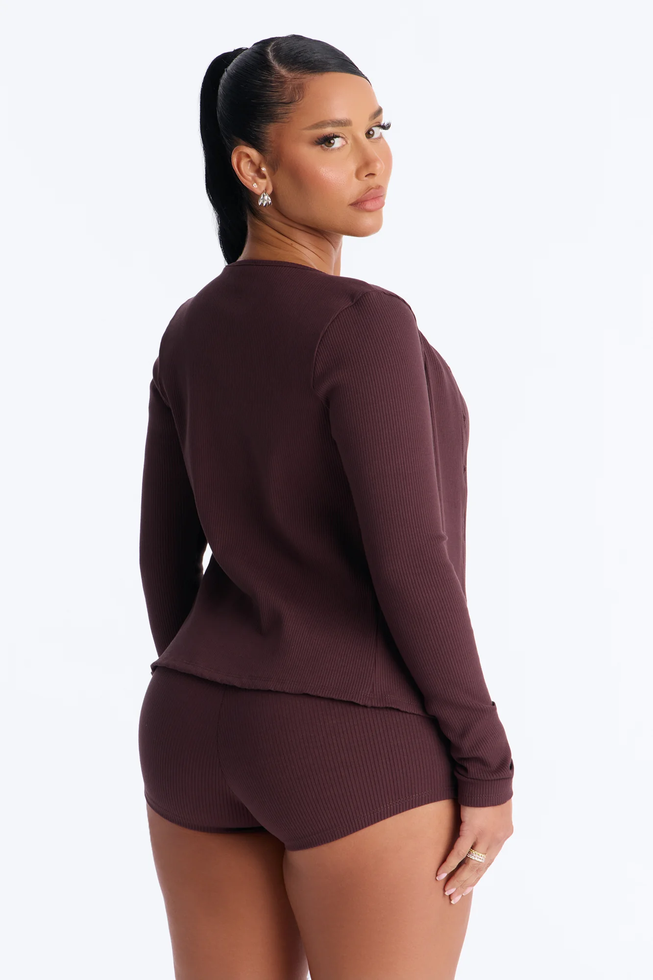 Rachel Ribbed Micro Mini Short Set - Chocolate - Image 4
