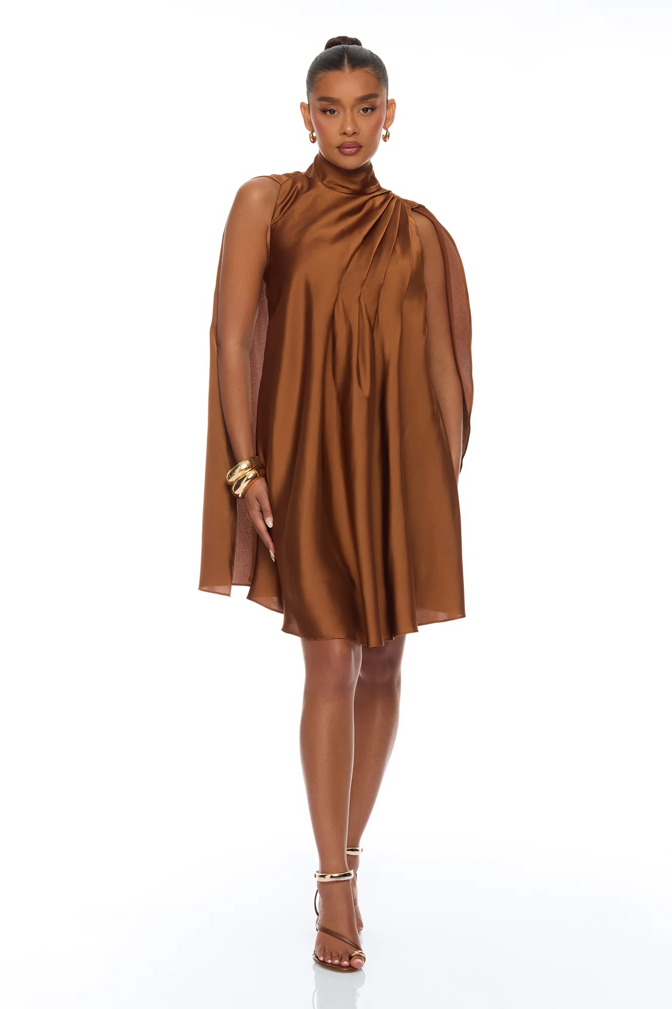 Rachelle Draped Satin Mini Dress - Mocha - Image 2