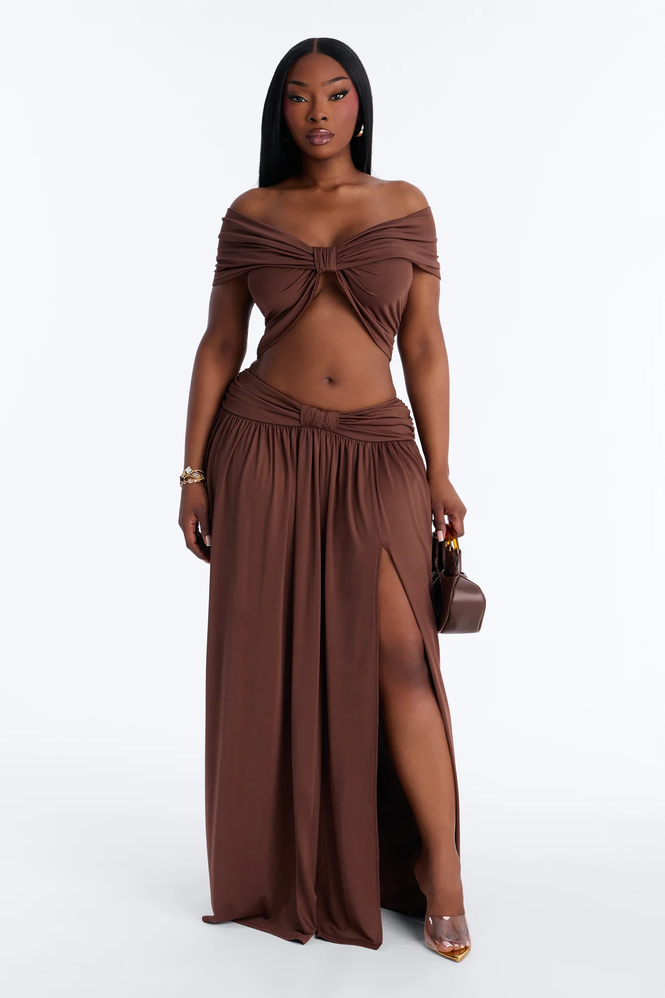 Rae Ruched High Slit Maxi Skirt - Chocolate - Image 5