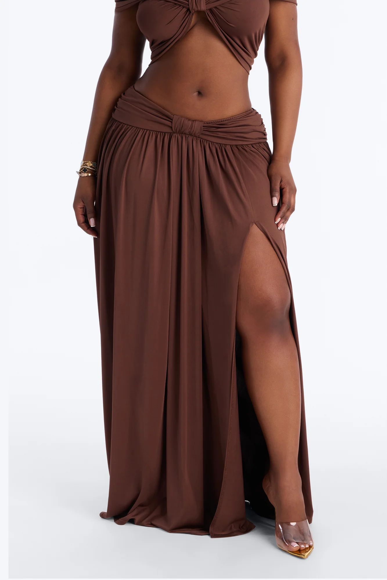 Rae Ruched High Slit Maxi Skirt - Chocolate - Image 6