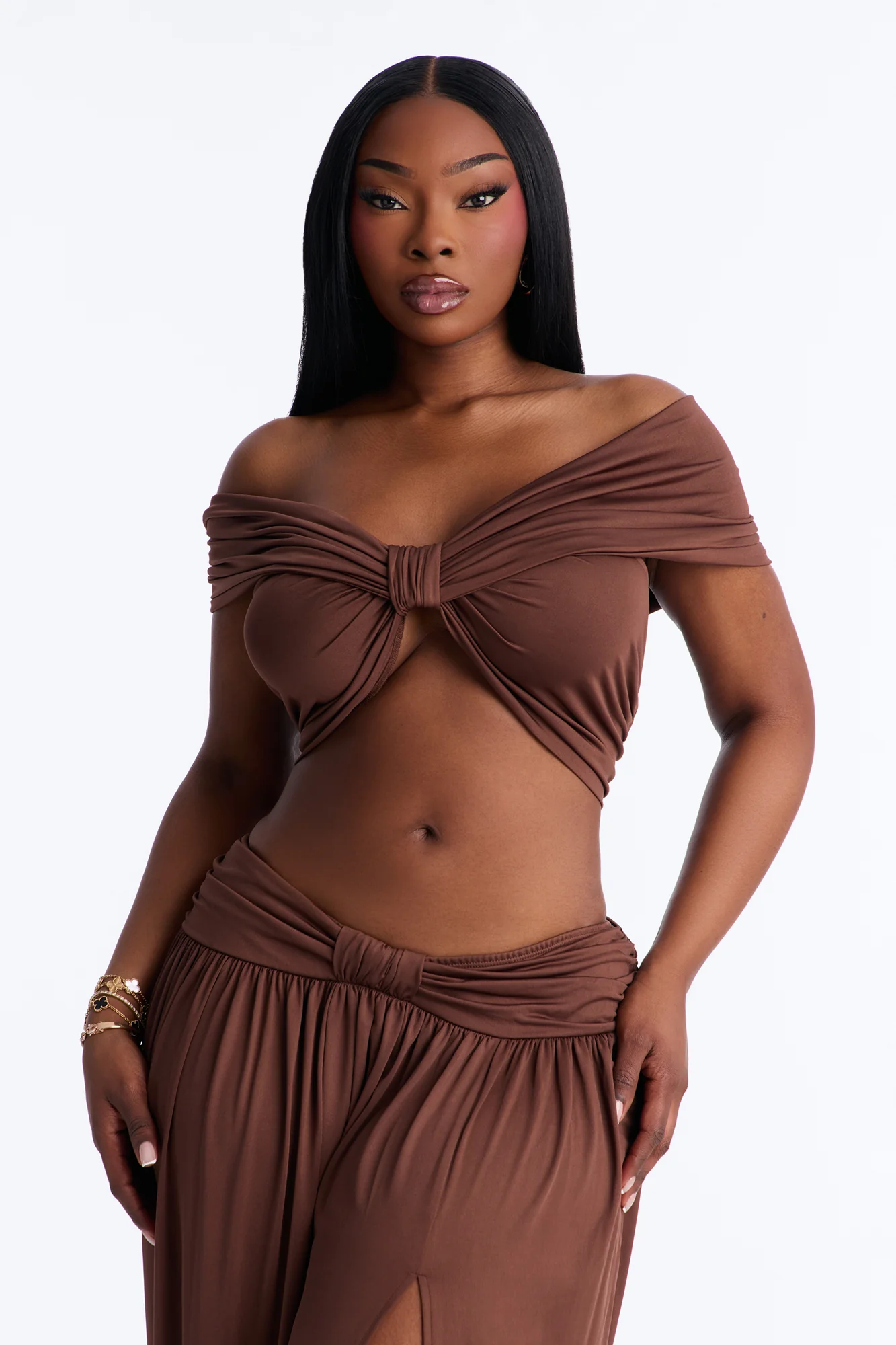 Rae Ruched Off The Shoulder Knit Top - Chocolate - Image 5