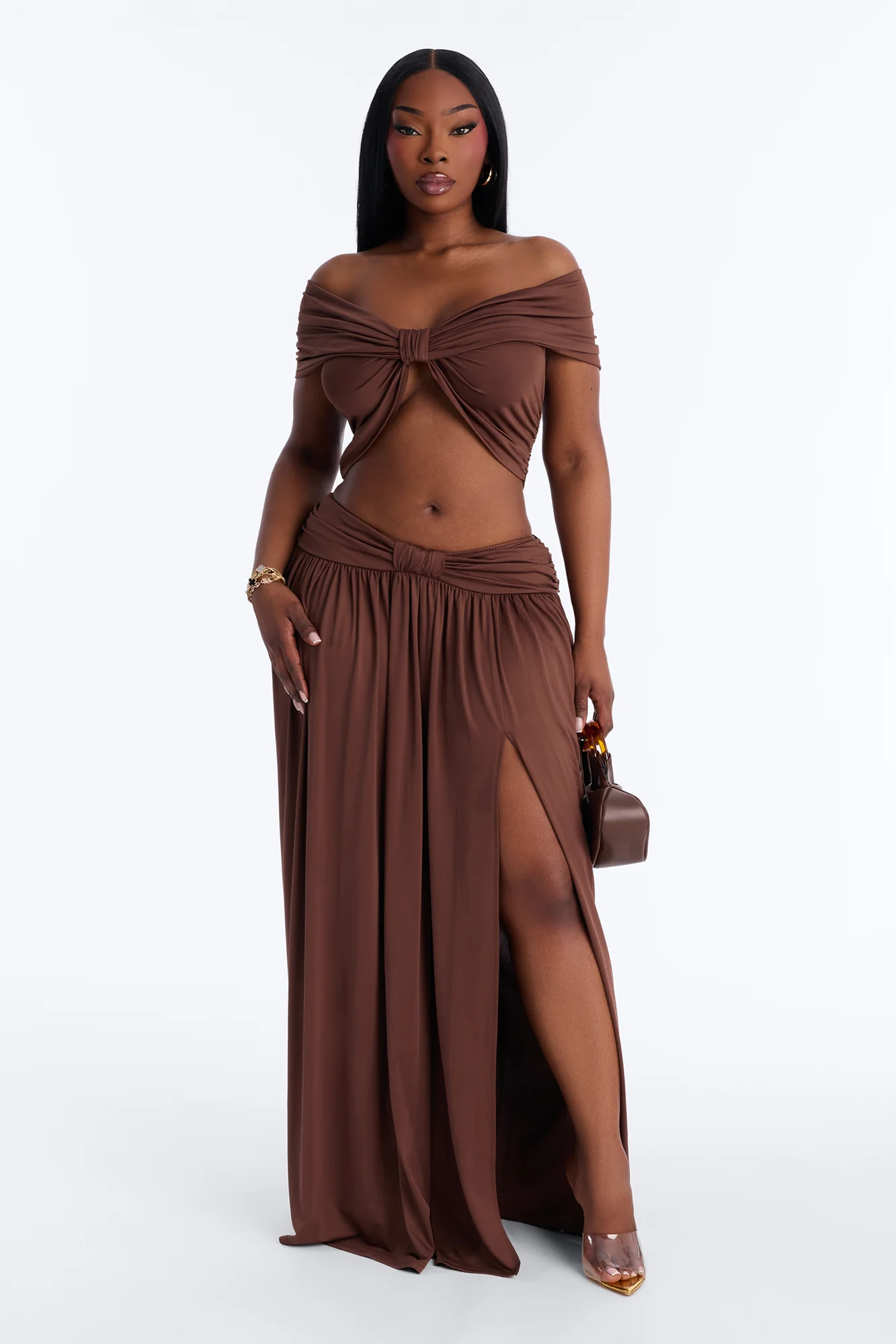 Rae Ruched Off The Shoulder Knit Top - Chocolate - Image 6