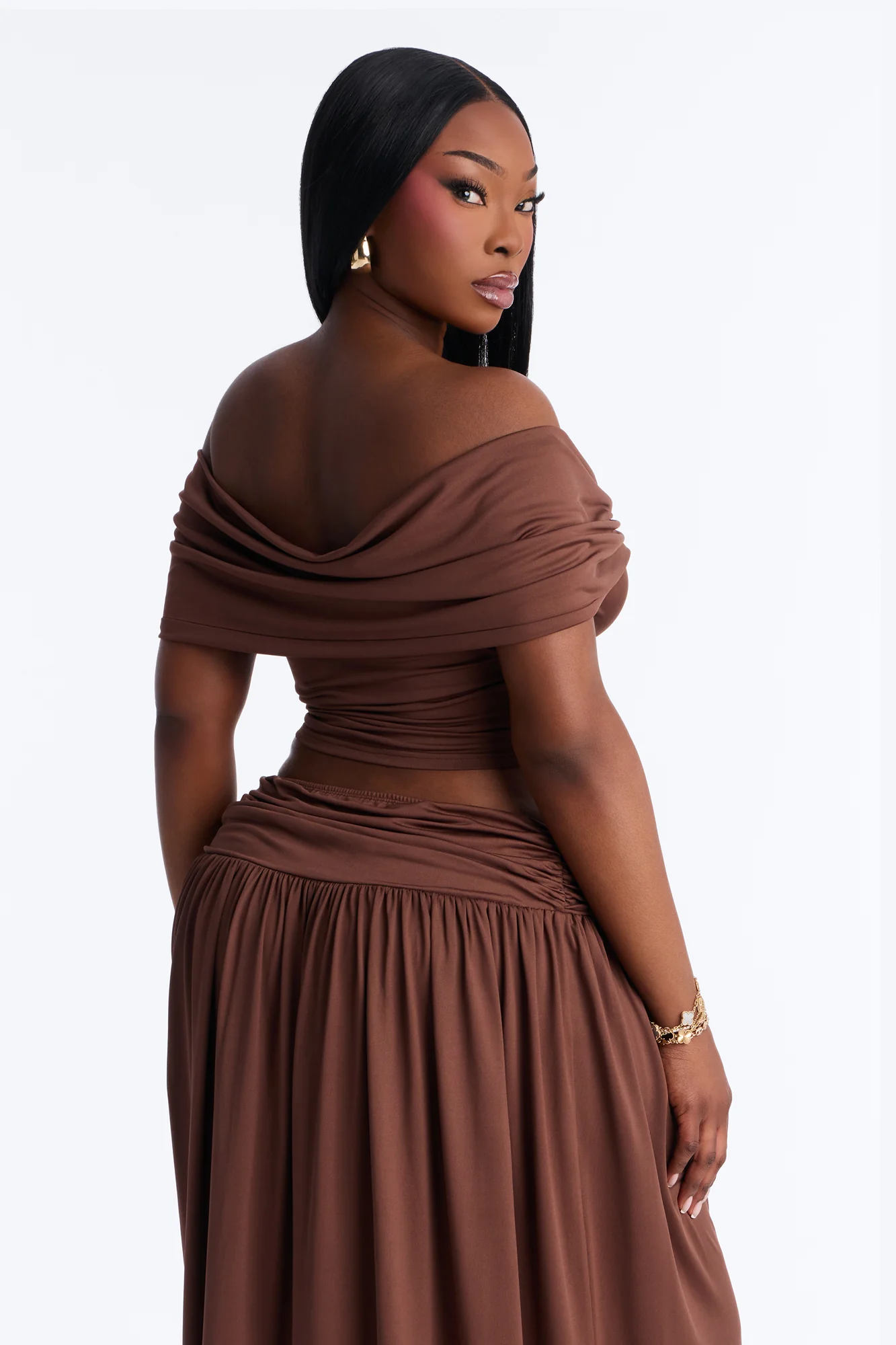 Rae Ruched Off The Shoulder Knit Top - Chocolate - Image 7