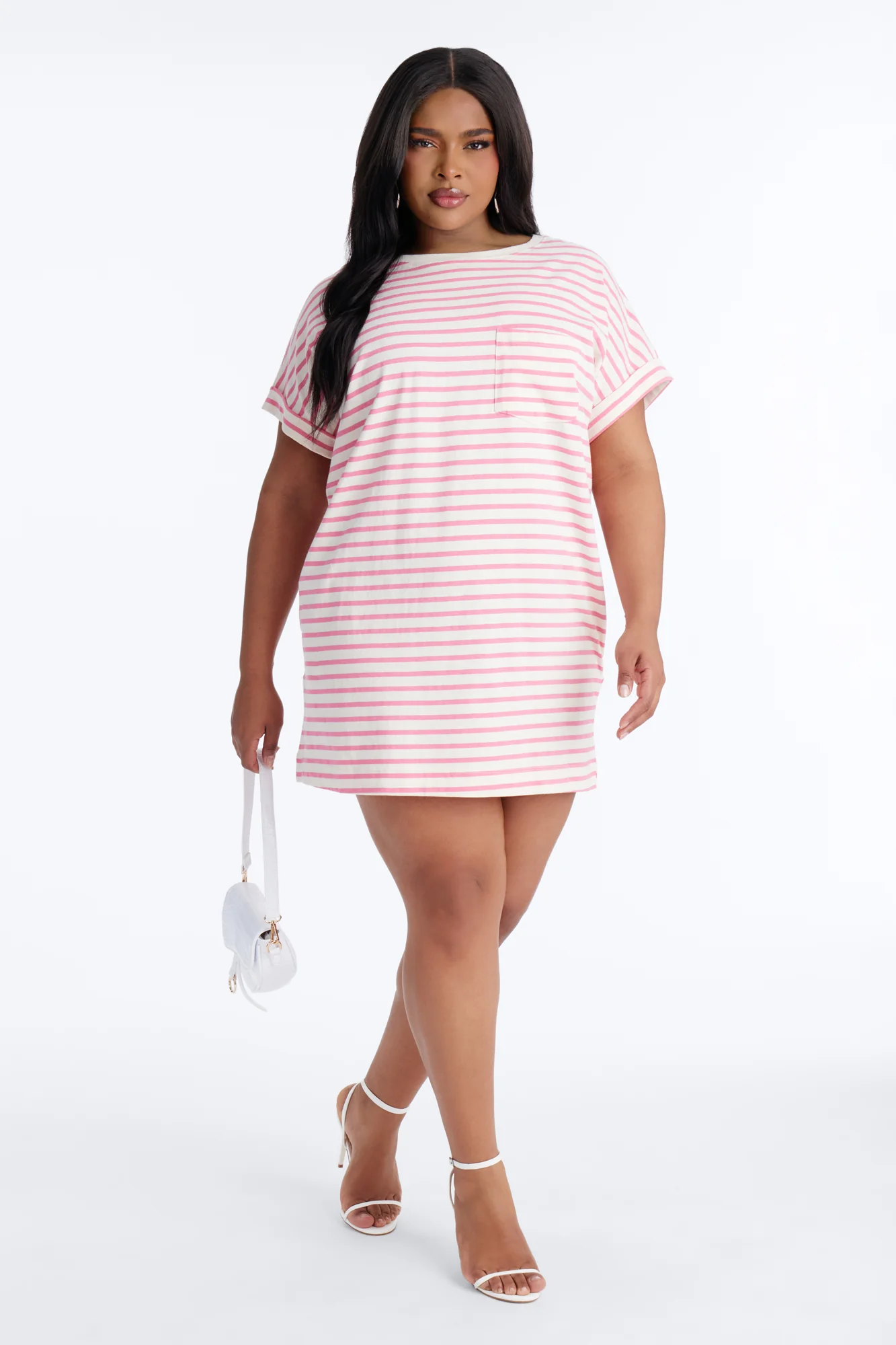 Raelynn Short Sleeve Cotton Shirt Mini Dress - White/Pink - Image 4