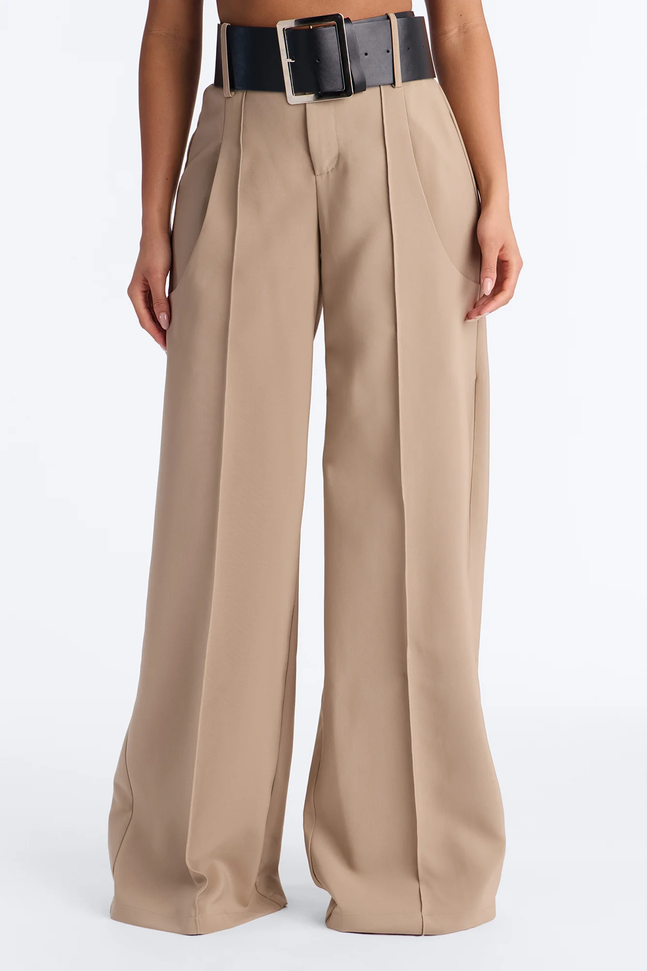 Ramona Pocket Detail Belted Wide Leg Pant 33″ - Khaki - Image 2