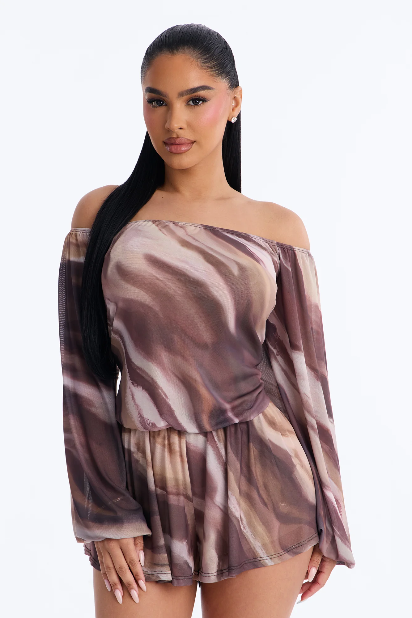 Rana Mesh Off Shoulder Romper - Brown