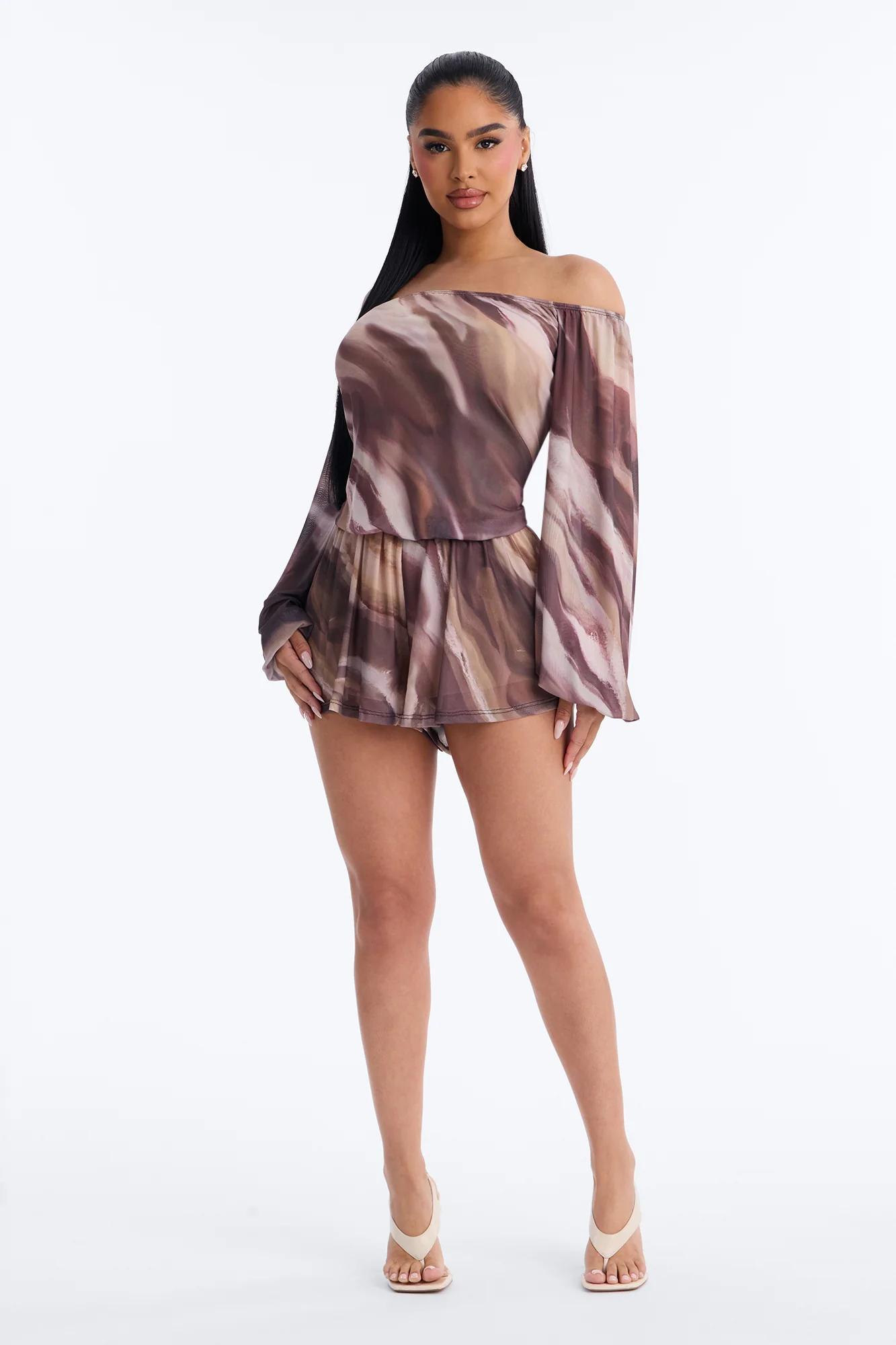 Rana Mesh Off Shoulder Romper - Brown - Image 2
