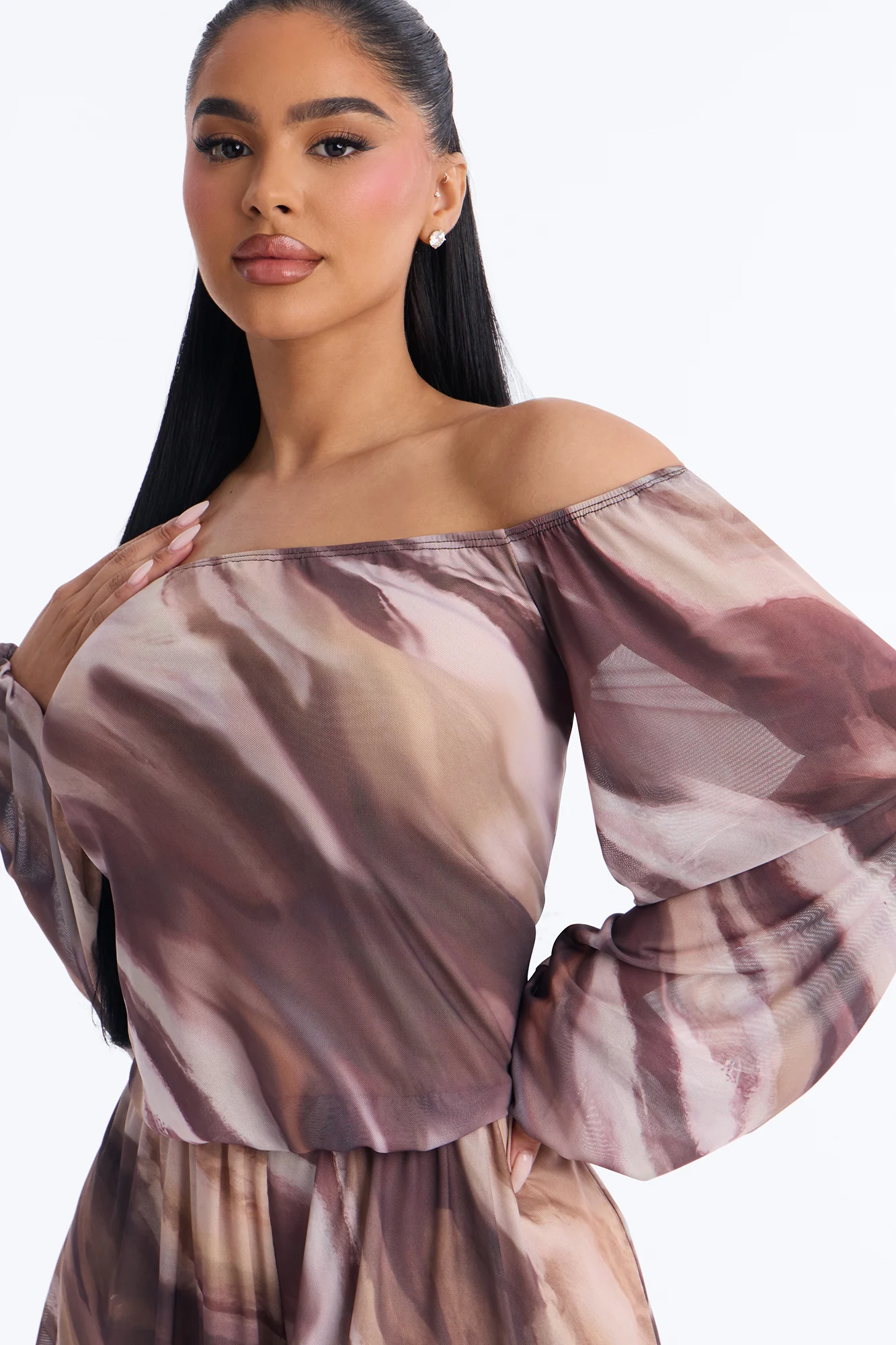 Rana Mesh Off Shoulder Romper - Brown - Image 3