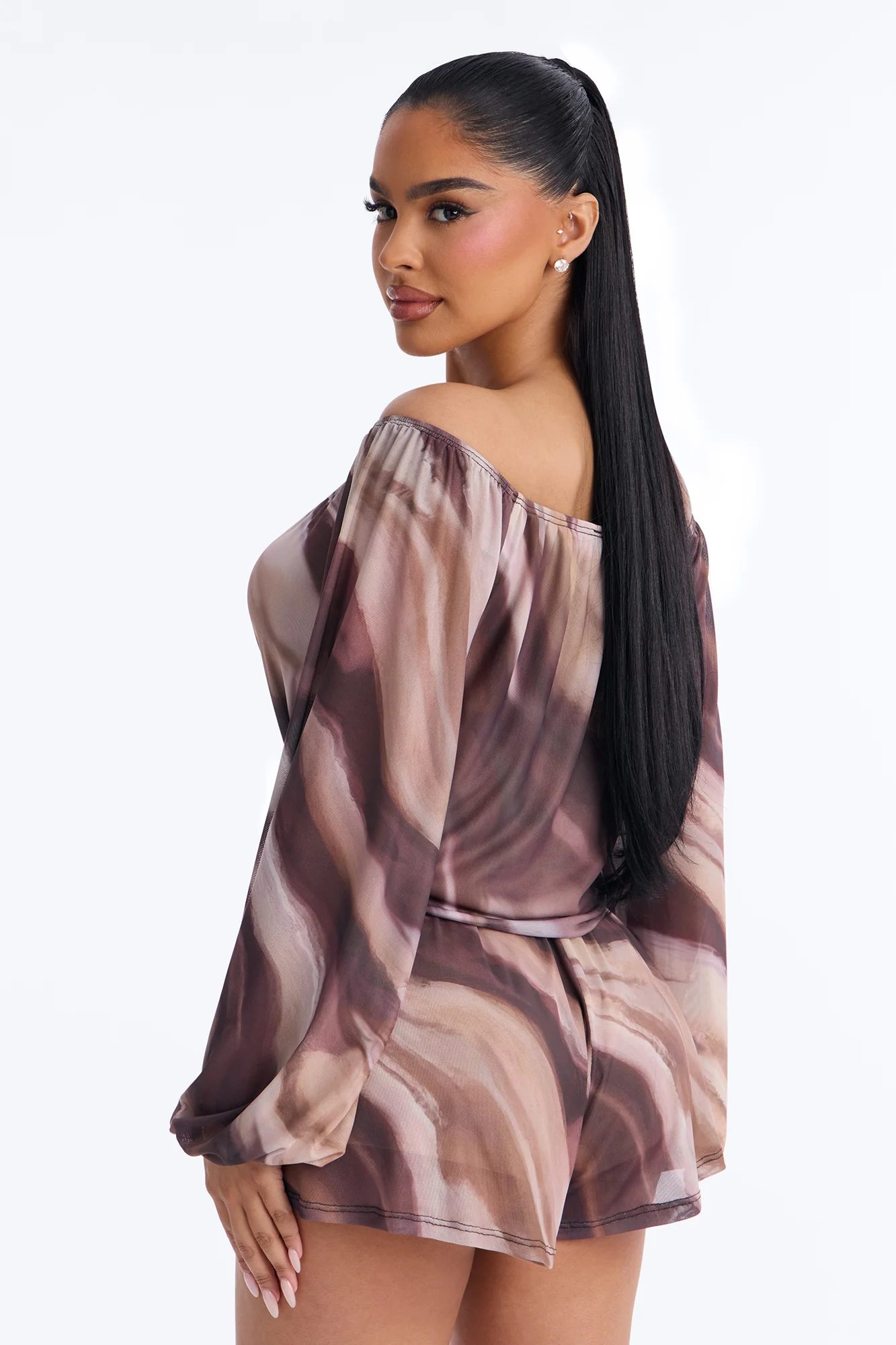 Rana Mesh Off Shoulder Romper - Brown - Image 4