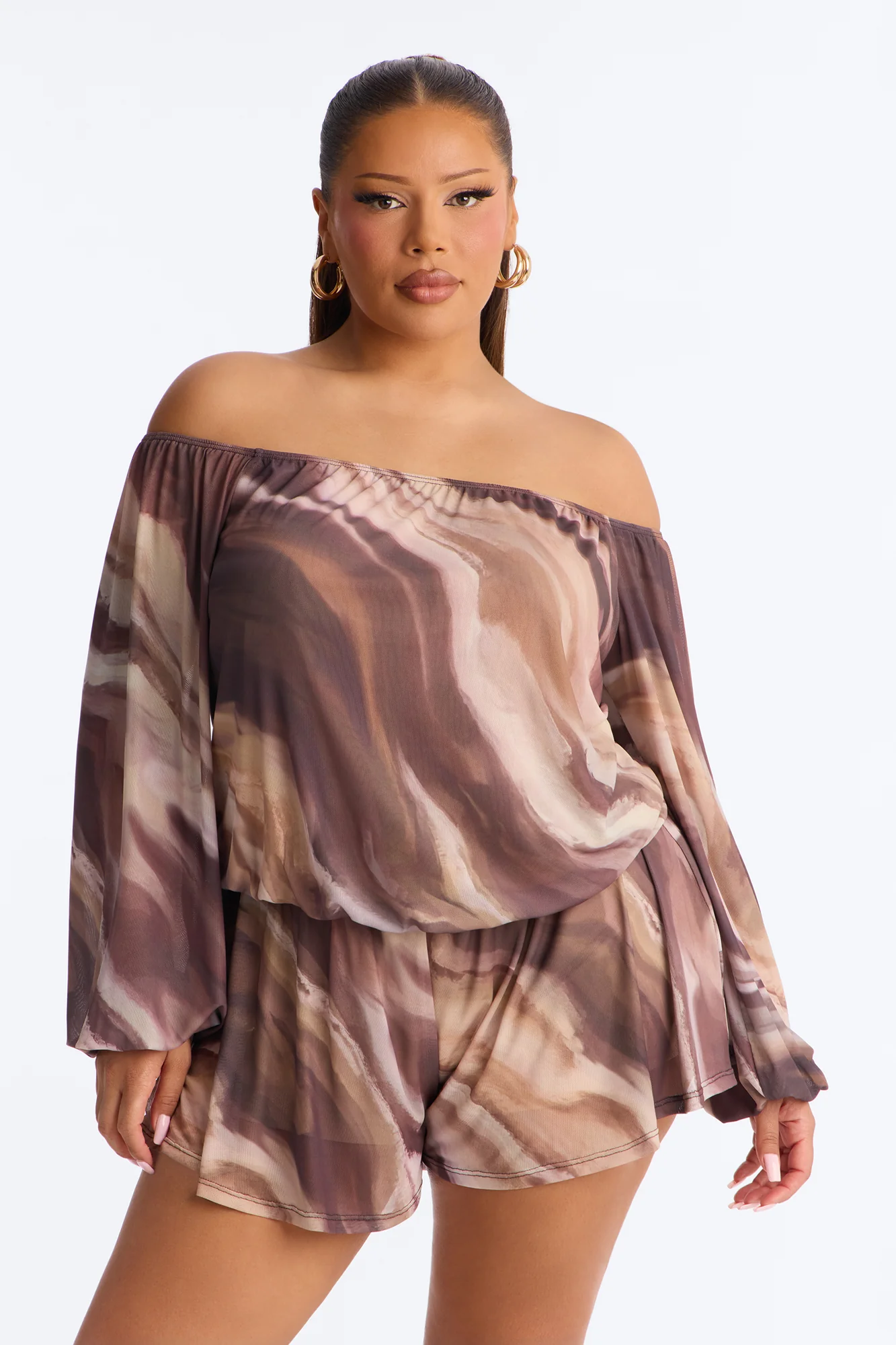 Rana Mesh Off Shoulder Romper - Brown - Image 6