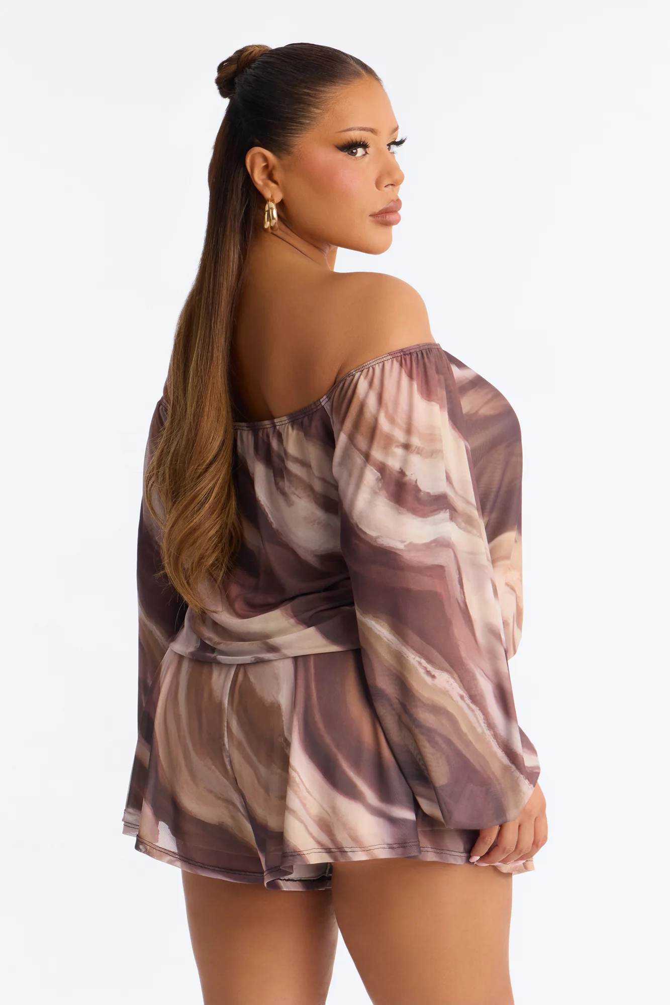 Rana Mesh Off Shoulder Romper - Brown - Image 8