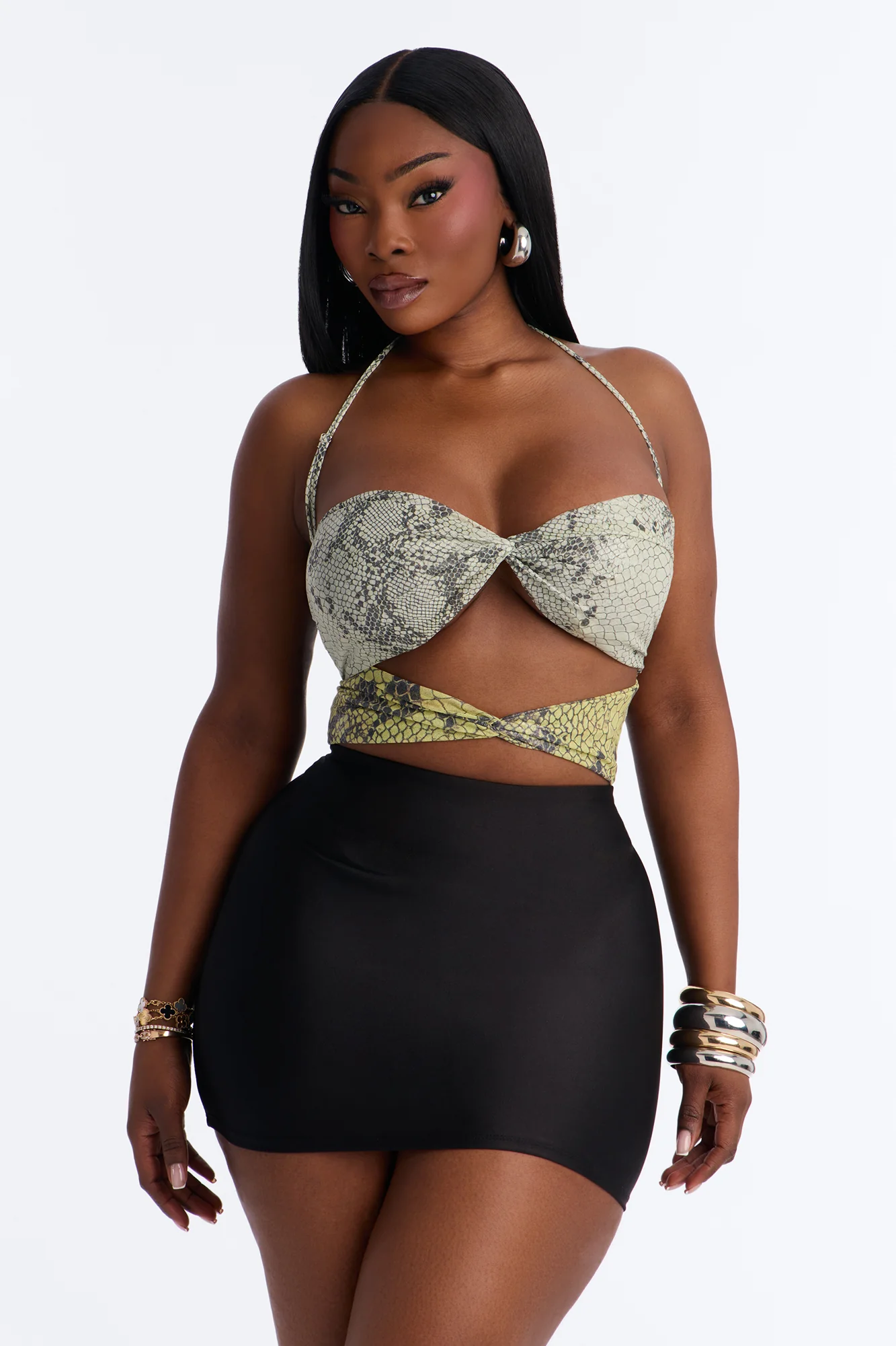 Rattle Me Up Snake Mesh Cut Out Halter Bodysuit - Multi Color - Image 3