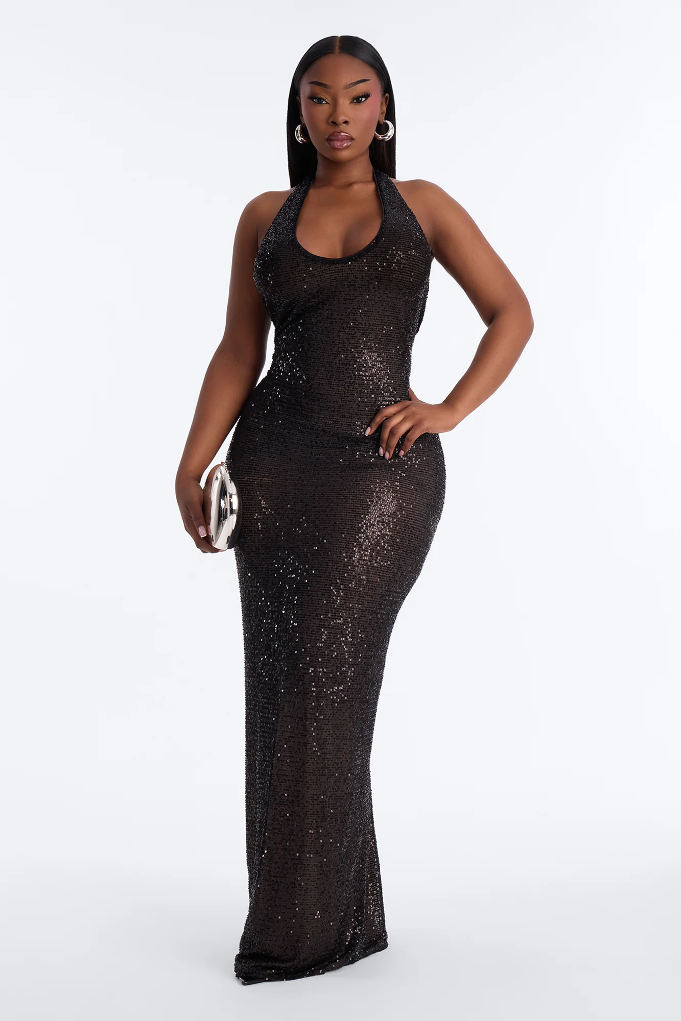 Raveena Midnight Sequin Halter Maxi Dress - Black - Image 8