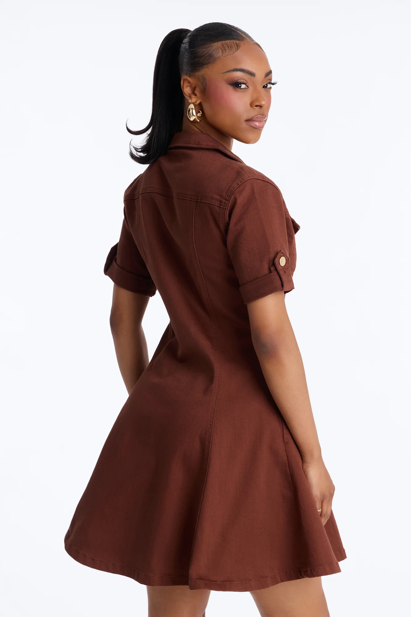 Raven Stretch Denim Mini Dress - Brown - Image 5