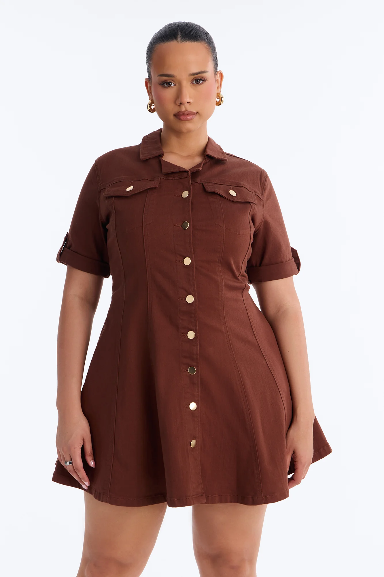 Raven Stretch Denim Mini Dress - Brown - Image 6