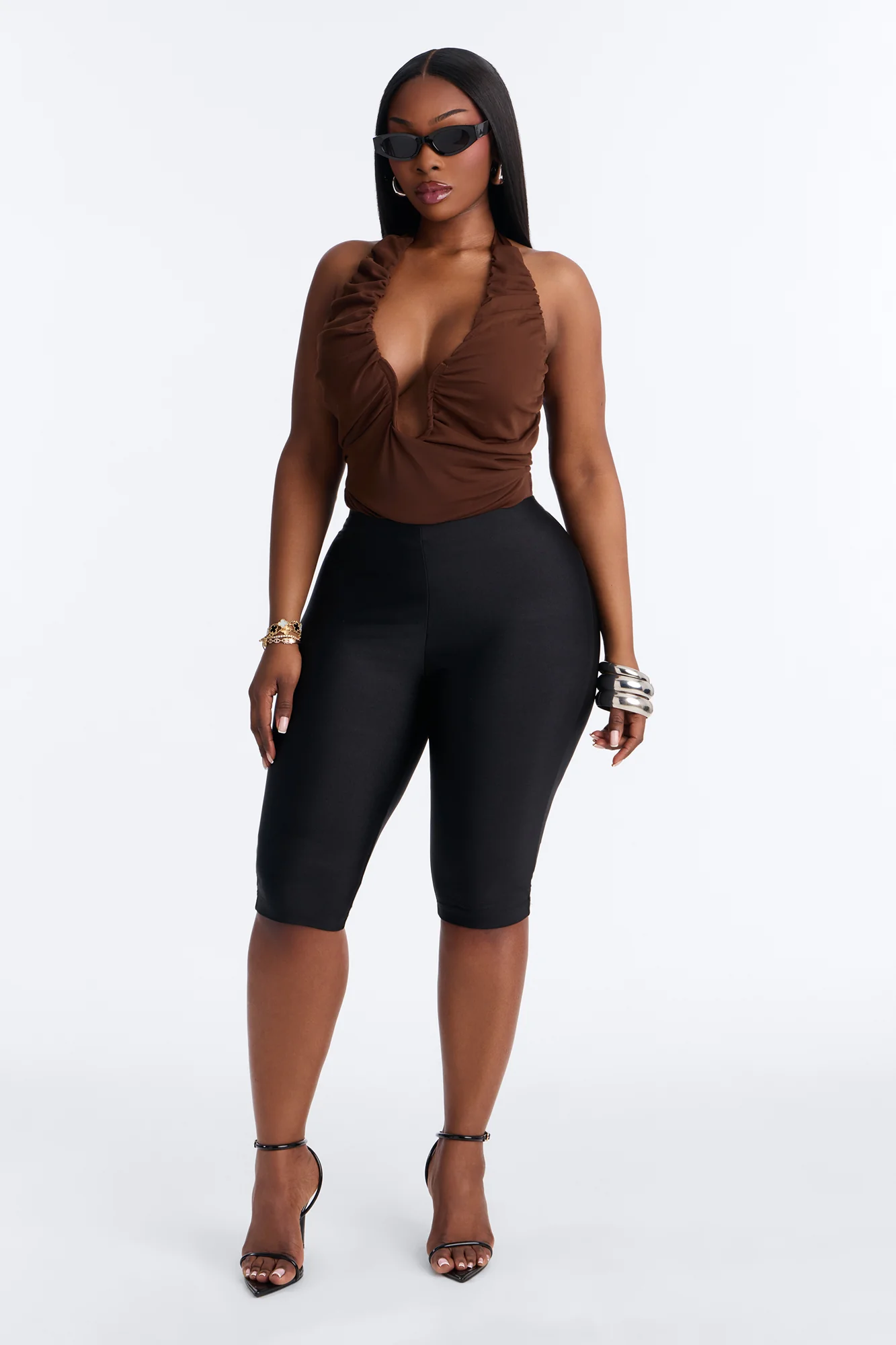 Raye Ruched Deep V Neck Halter Bodysuit - Brown - Image 6