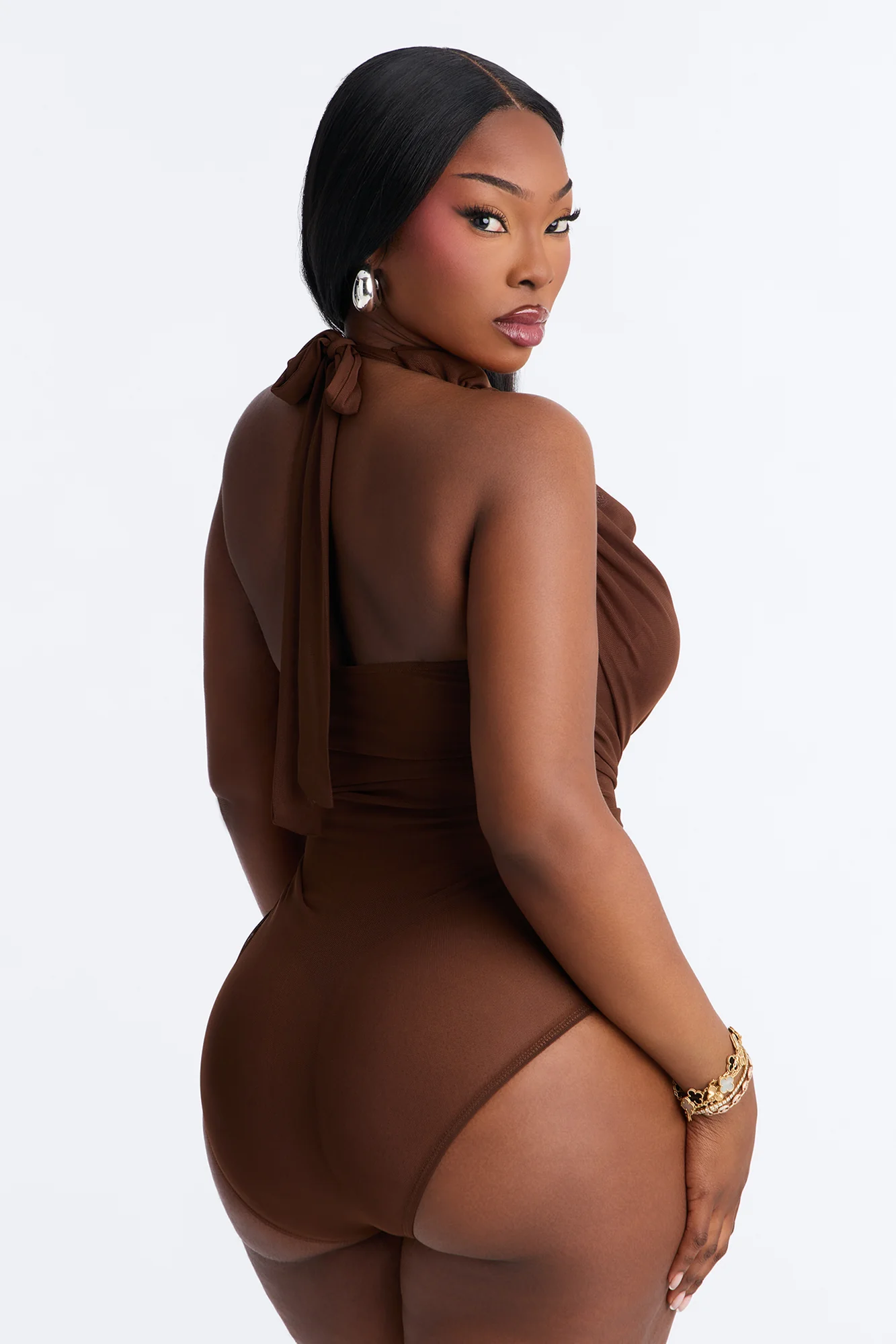 Raye Ruched Deep V Neck Halter Bodysuit - Brown - Image 8