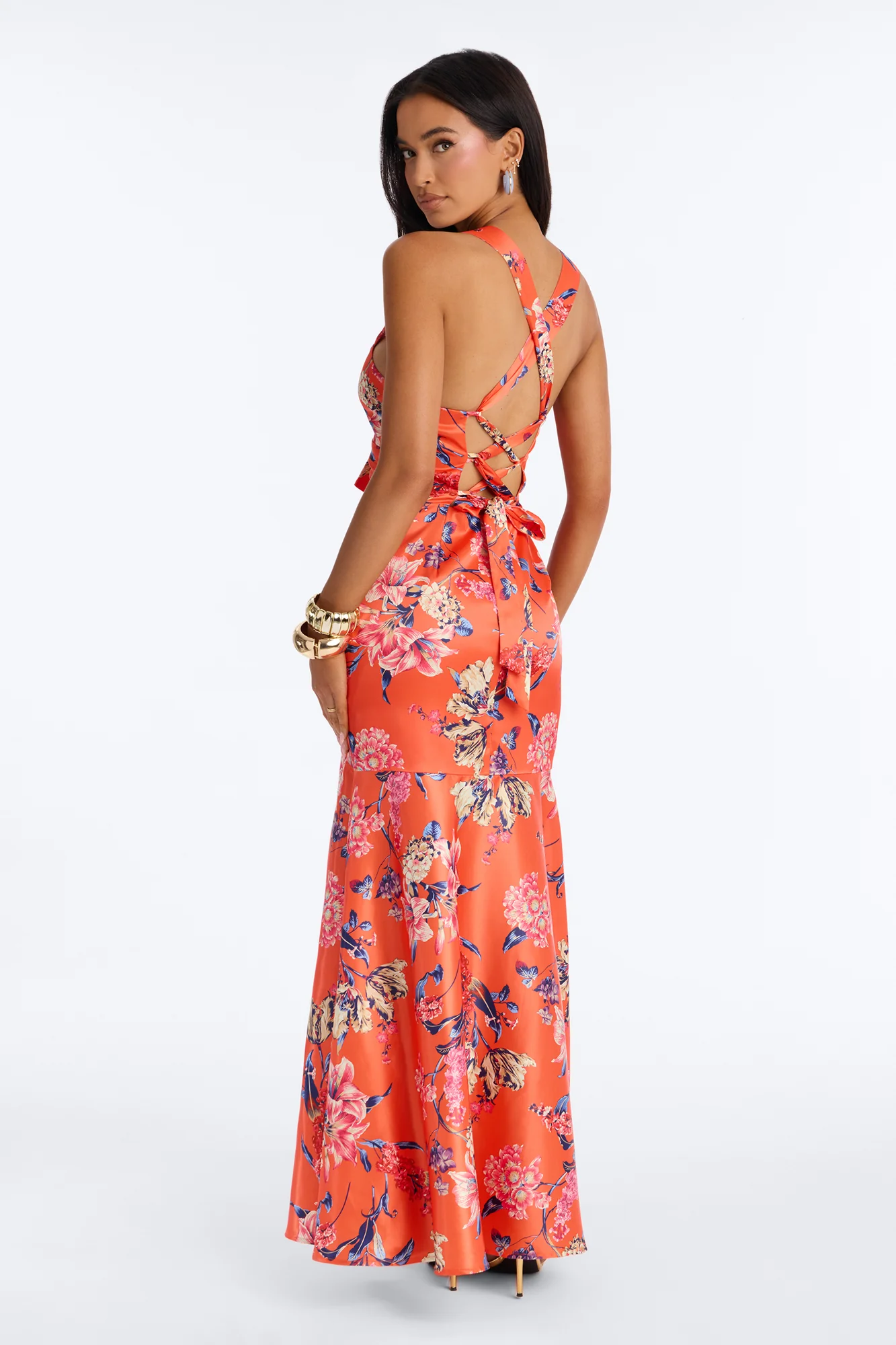 Raylee Lace Up Ruffle Satin Gown - Orange/combo - Image 4