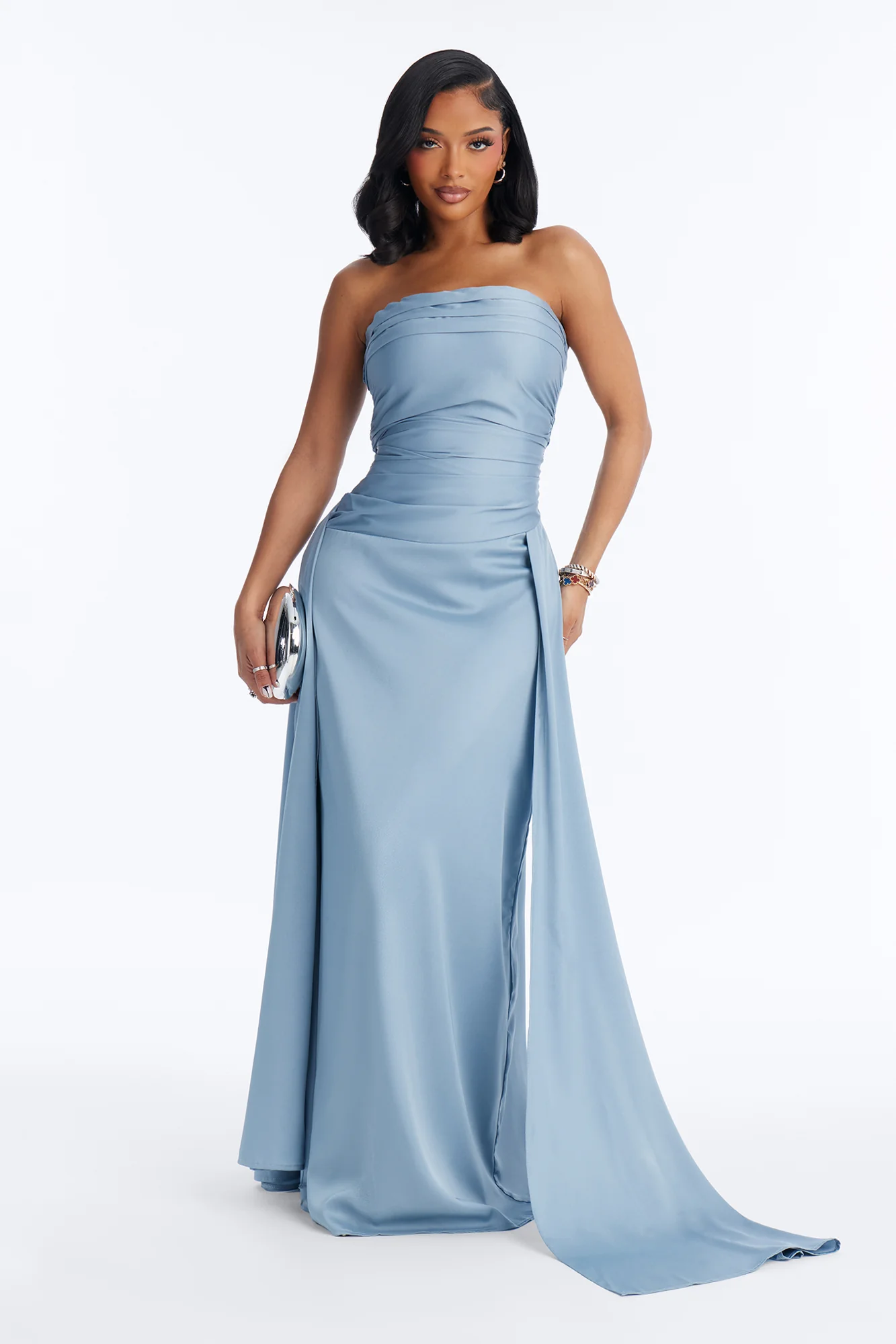 Rayna Pleated Satin Gown - Dusty Blue