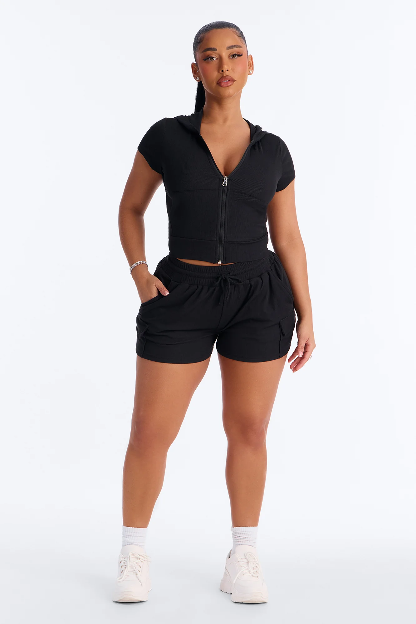 Rayna Ribbed Hoodie Short Set - Black - Image 2