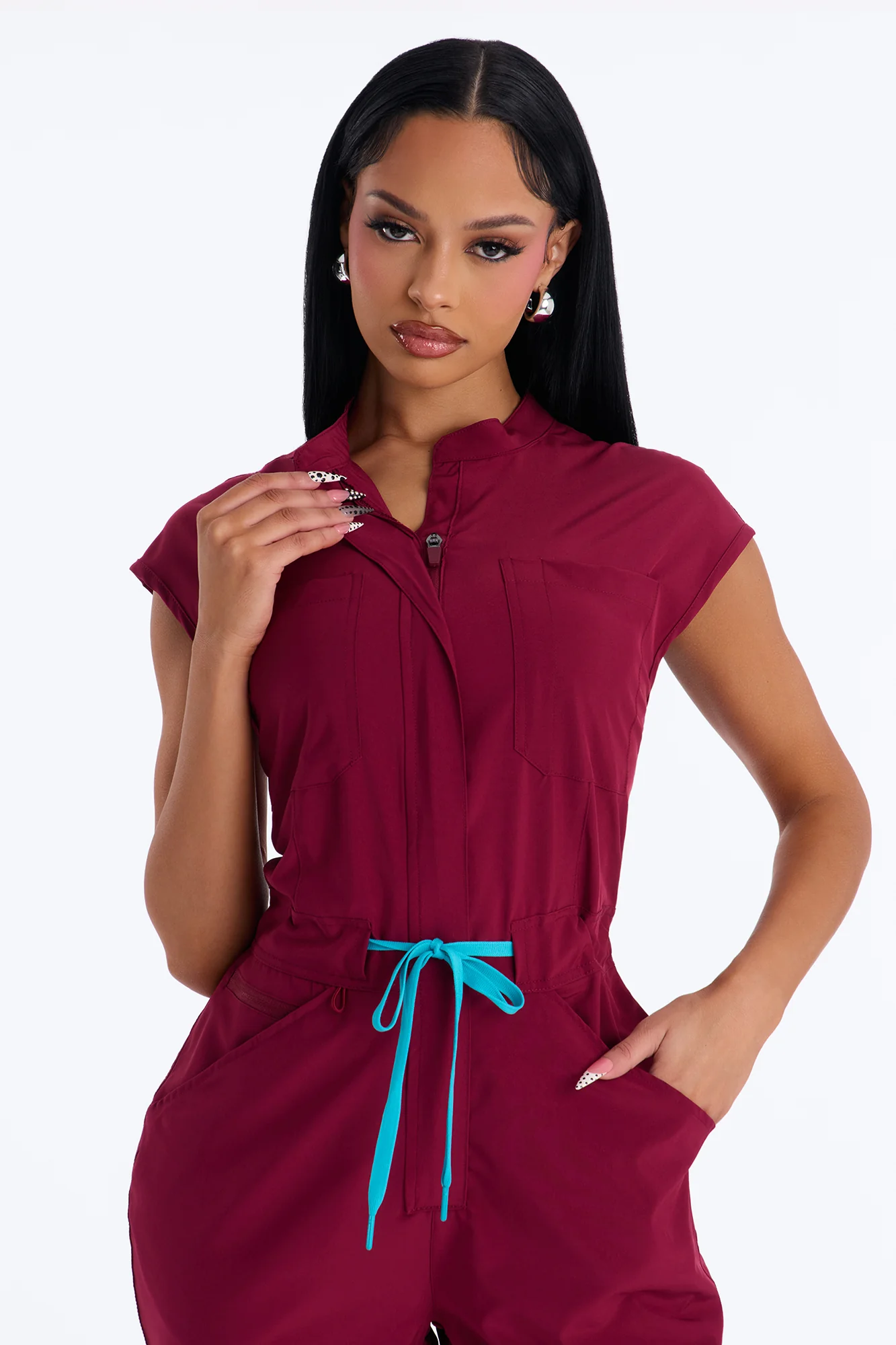 Ready Next Shift Stretch Scrub Jumpsuit - Burgundy - Image 2