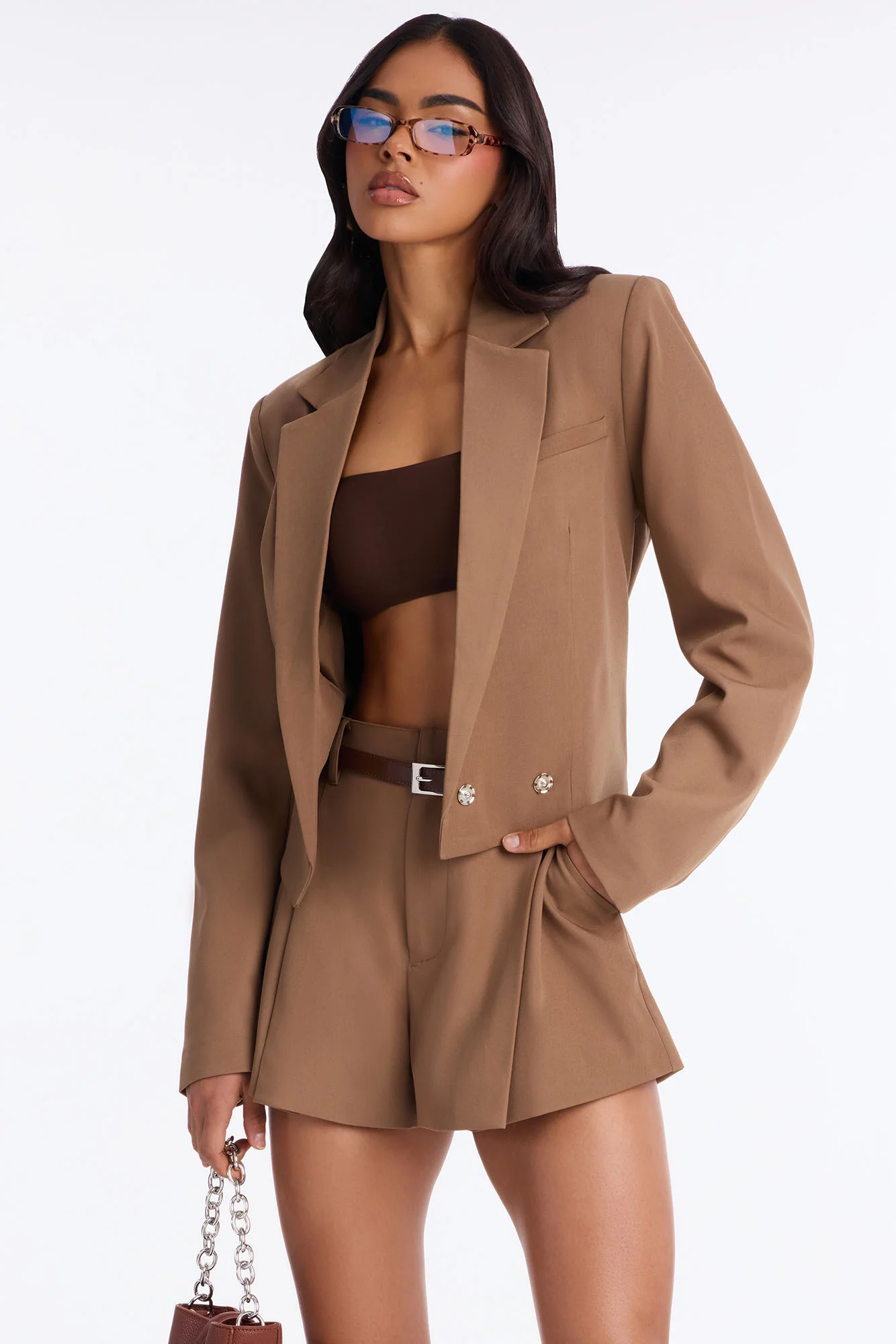 Ready To Work Crepe Cropped Blazer - Brown - Image 3