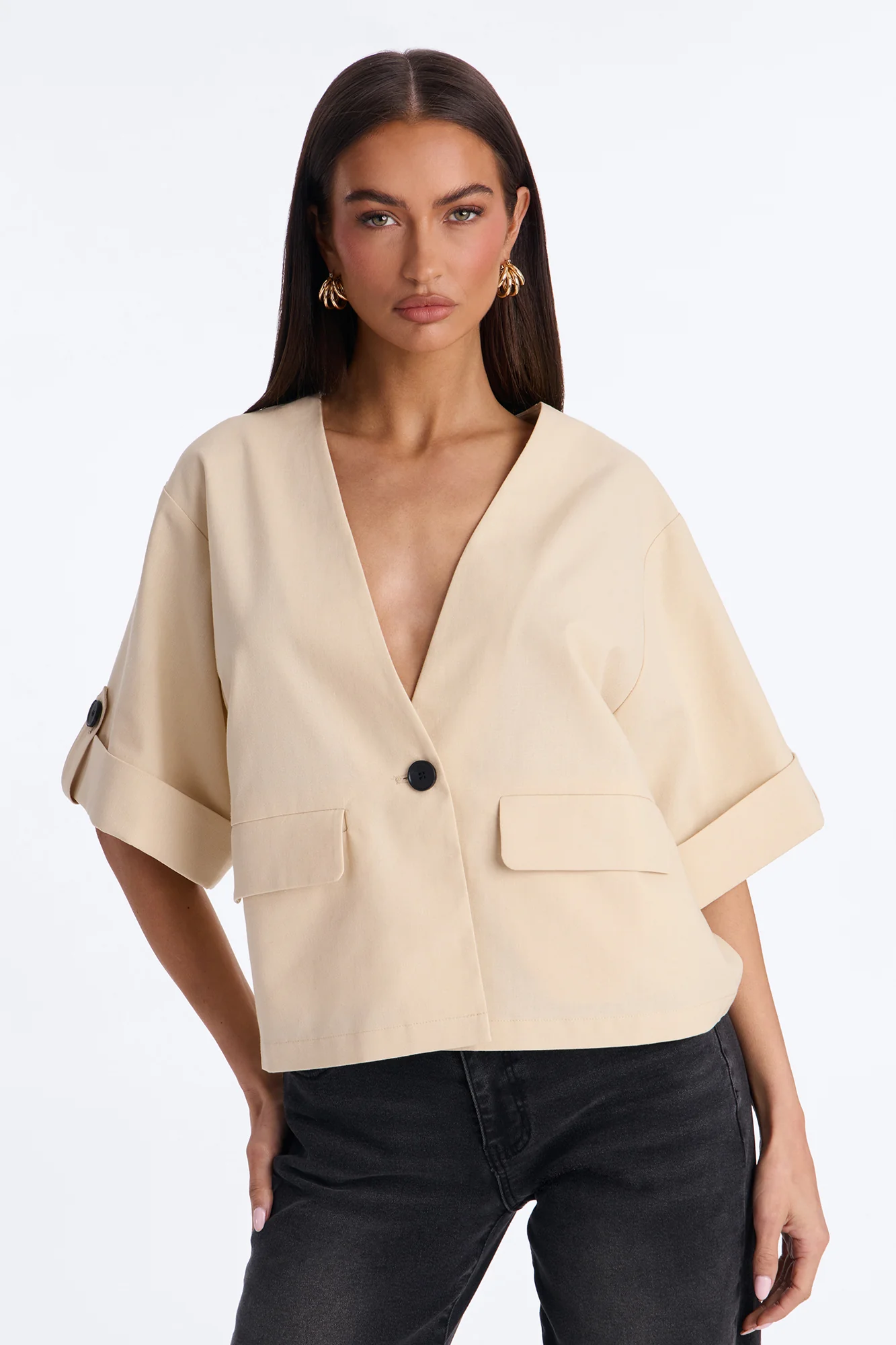 Ready When You Are Cuffed Linen Top - Beige