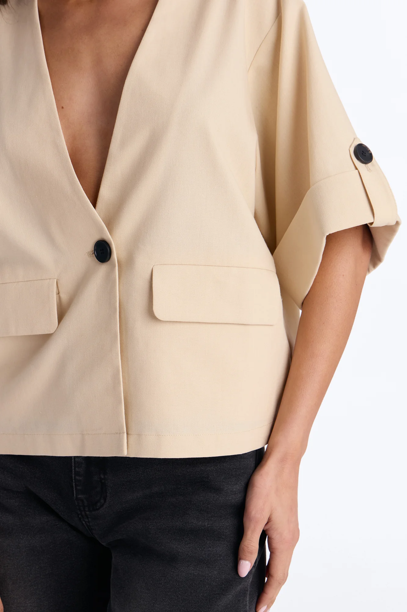 Ready When You Are Cuffed Linen Top - Beige - Image 3