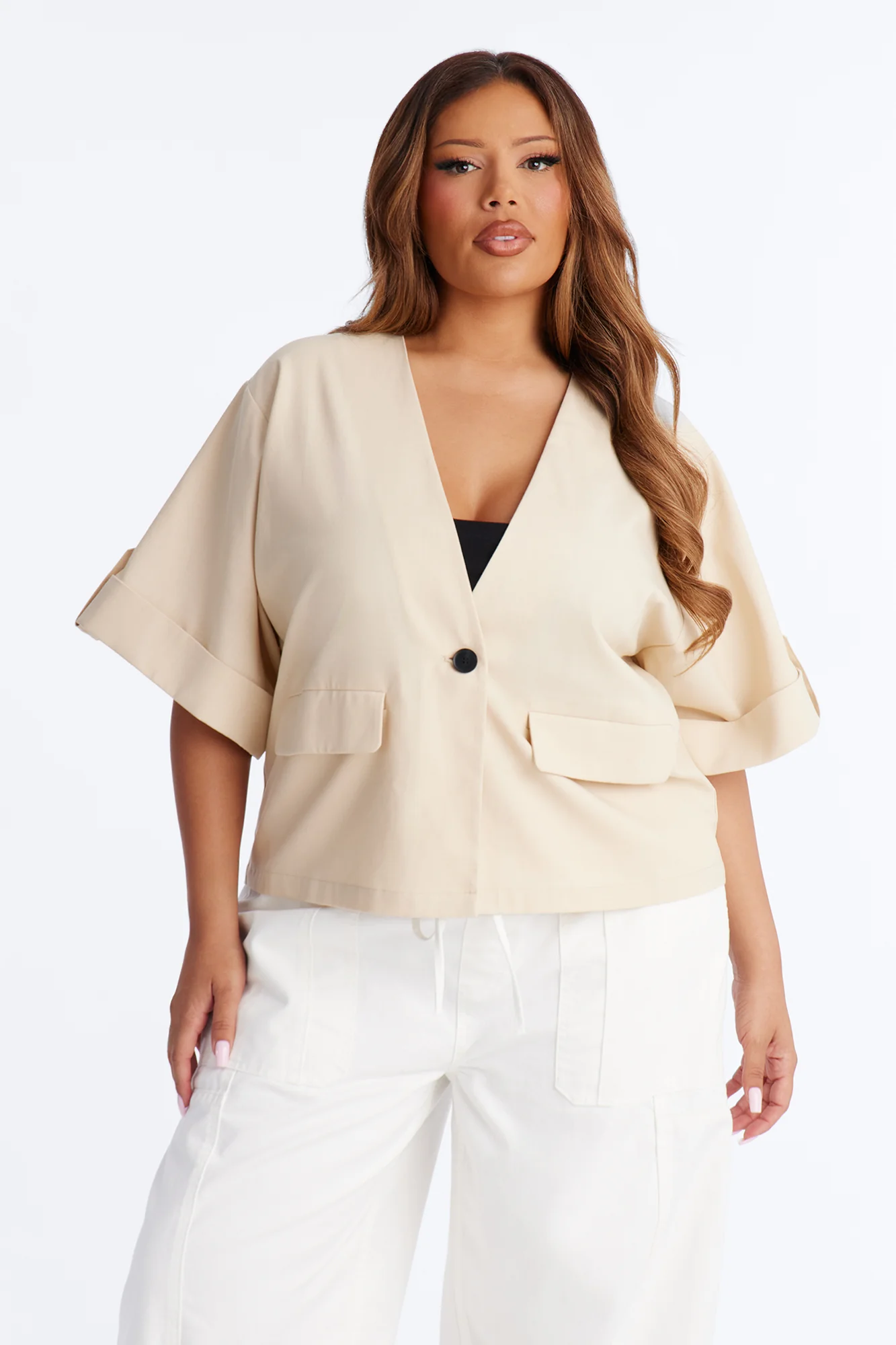 Ready When You Are Cuffed Linen Top - Beige - Image 6