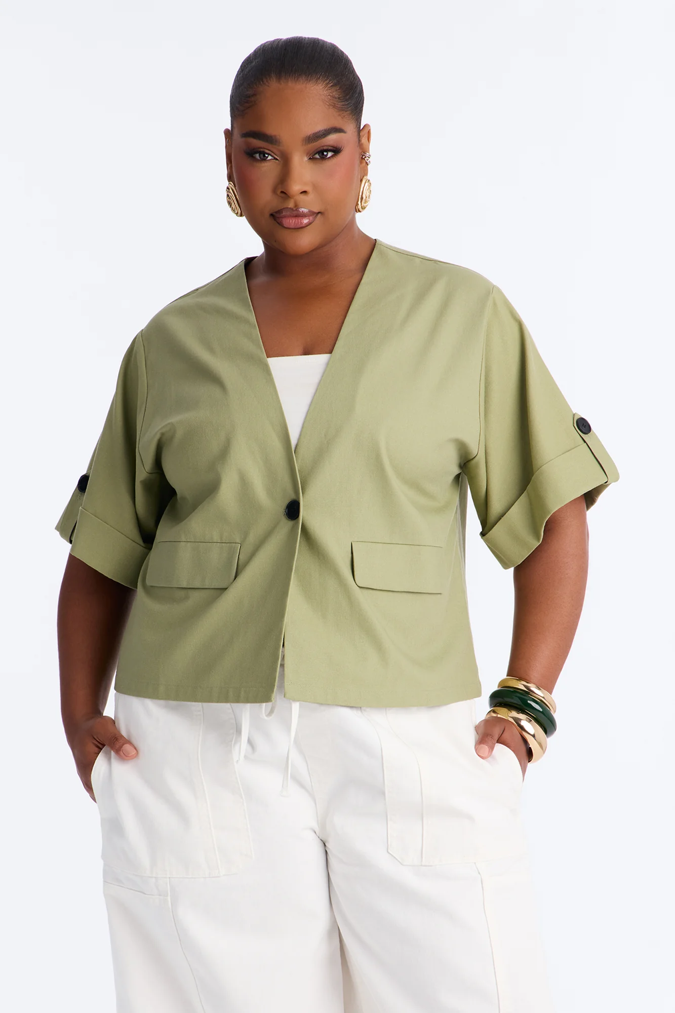 Ready When You Are Cuffed Linen Top - Olive - Image 7