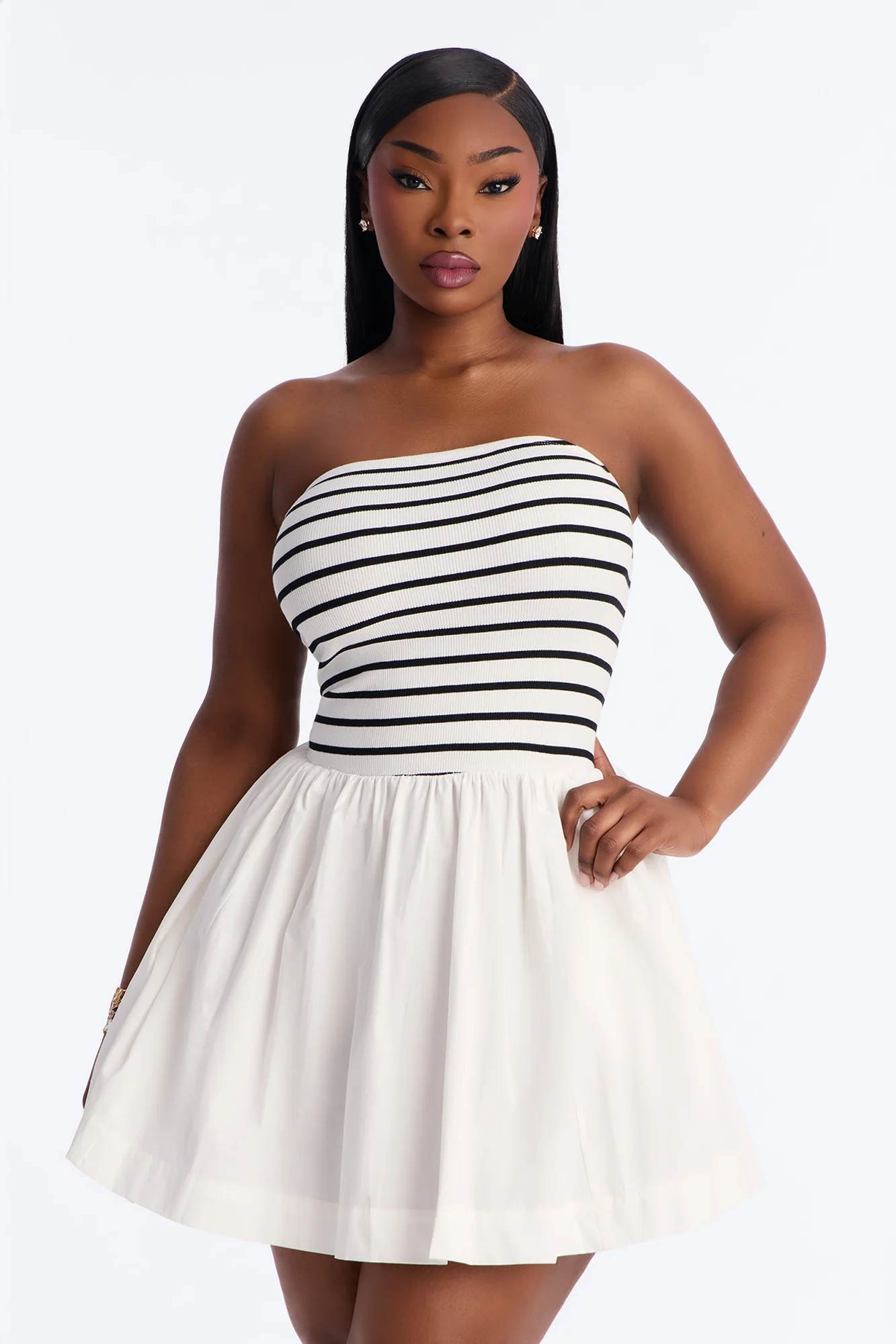Reagan Strapless Striped Mini Dress - White/Black - Image 5