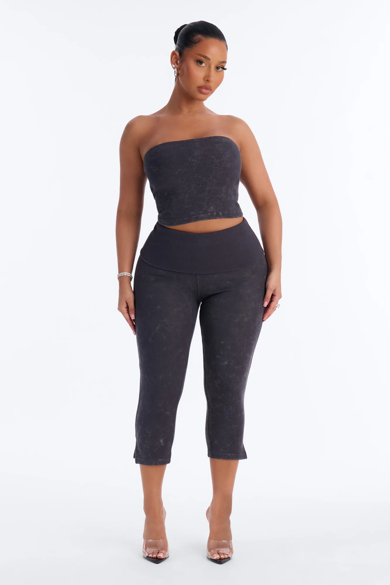 Reanna Strapless Ribbed Capri Set - Charcoal