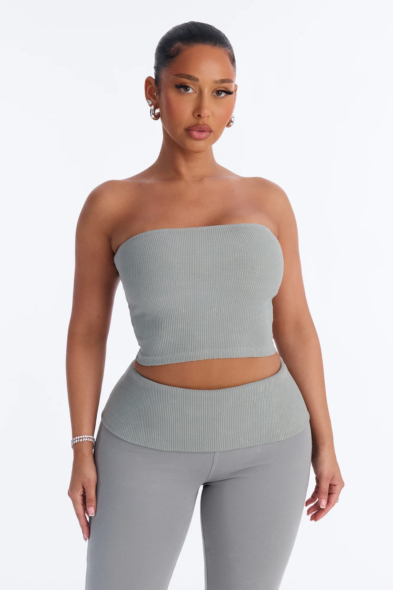Reanna Strapless Ribbed Capri Set - Sage - Image 2