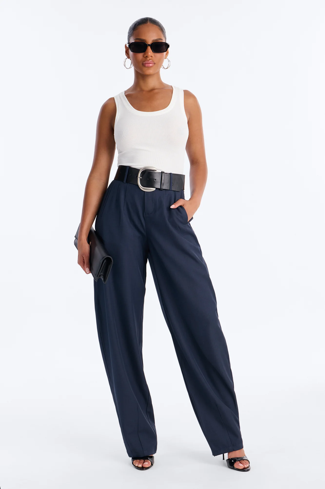 Rebecca Belted Barrel Trouser Pants - Navy