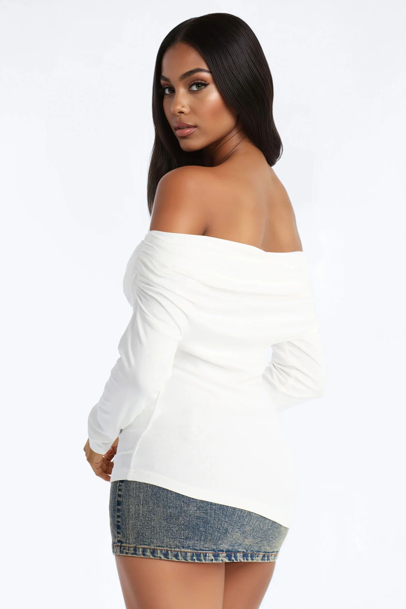 Rebecca Off Shoulder Ruched Long Sleeve Top - White - Image 3