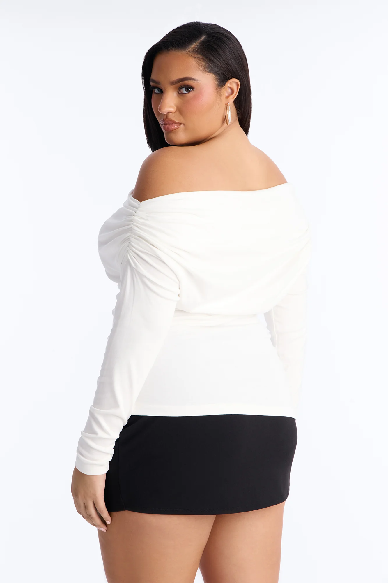 Rebecca Off Shoulder Ruched Long Sleeve Top - White - Image 7