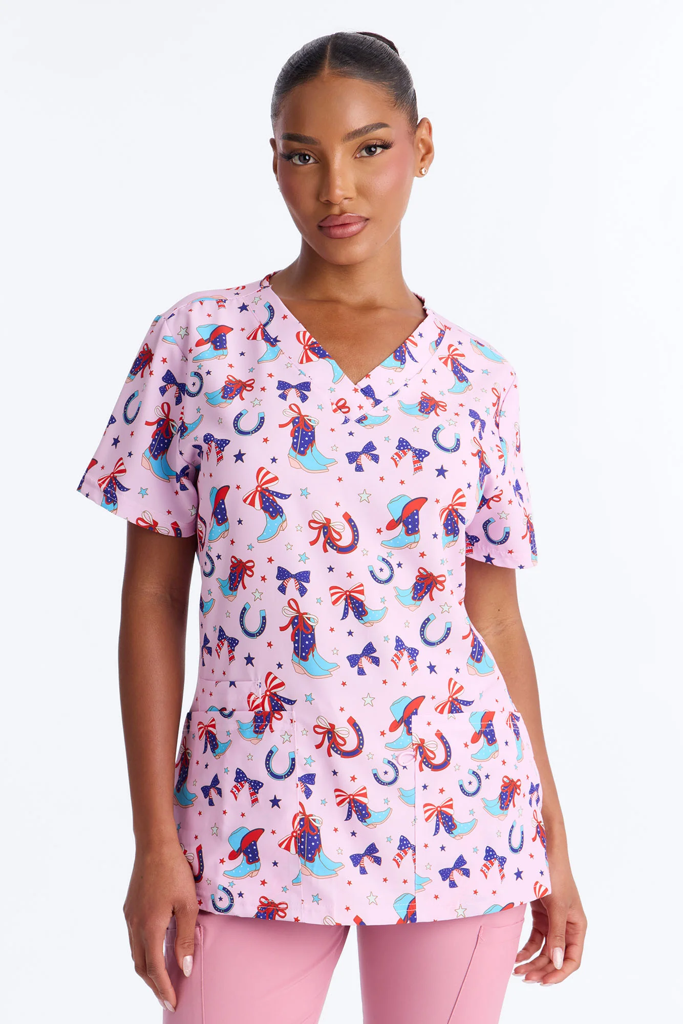 Red White & Boots Scrub Top - Pink/combo