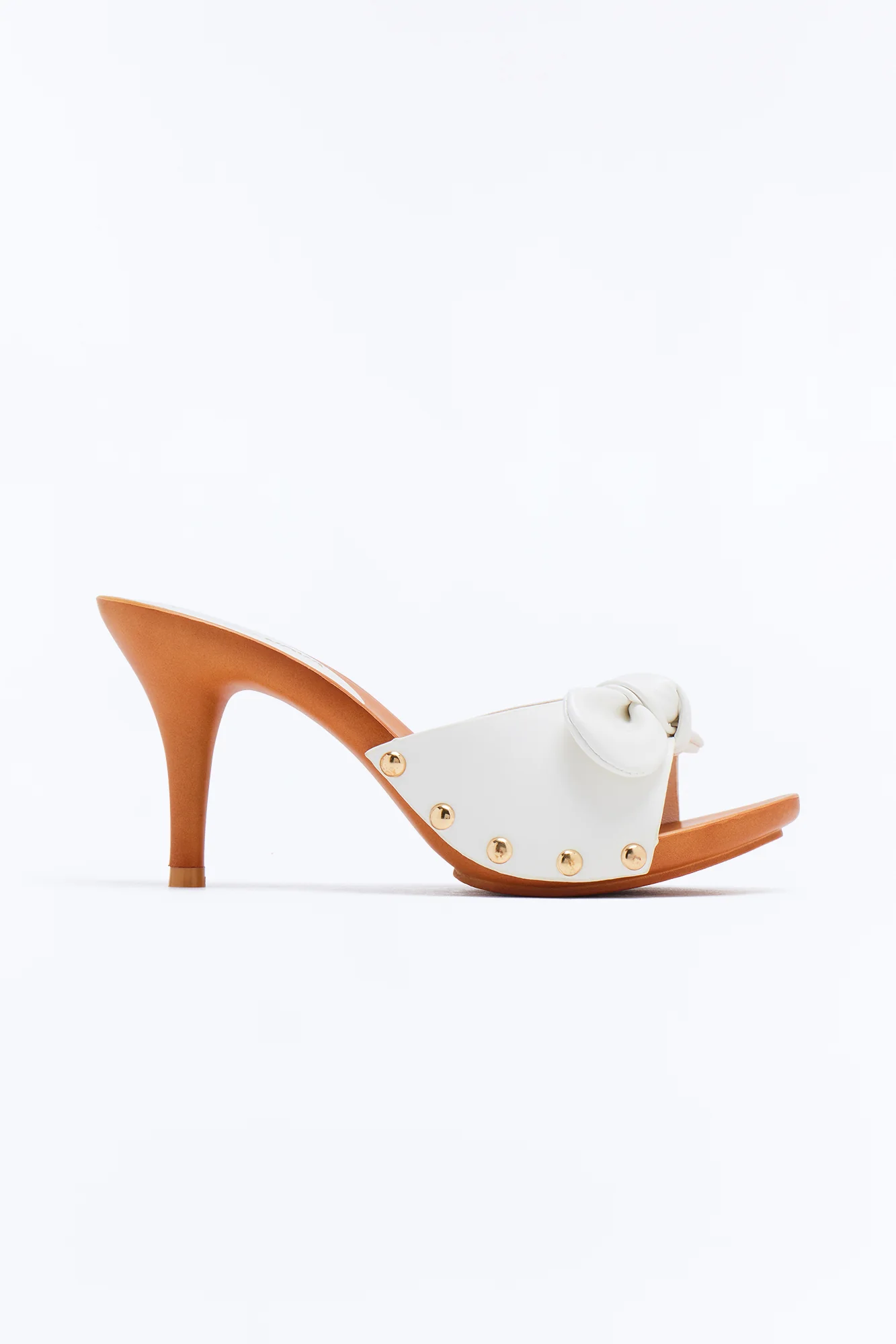 Reed Bow Studded Wood Heels - White