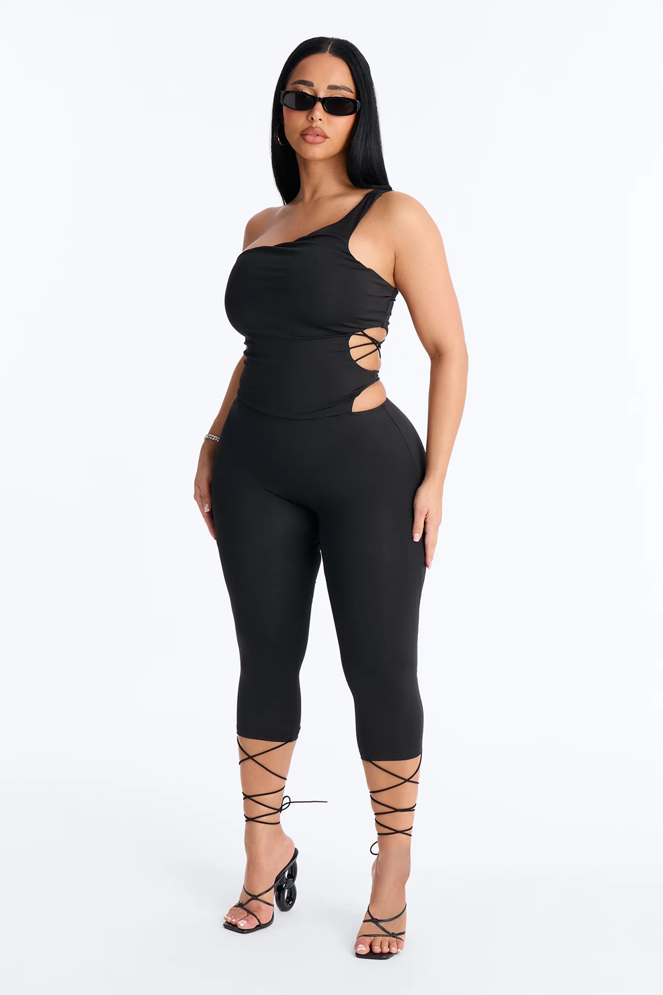 Reena Lace Up Capri Catsuit - Black
