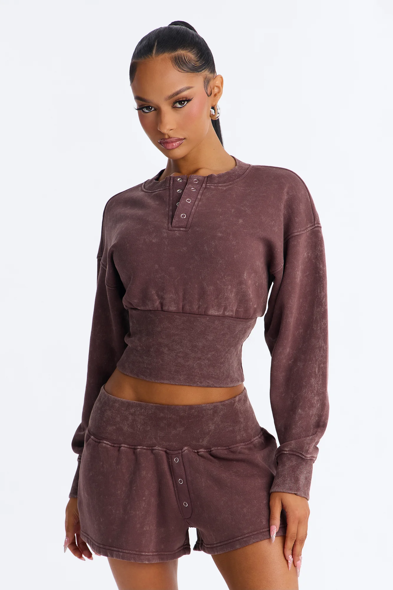 Reese Cinched Waist Fleece Short Set - Chocolate - Image 2
