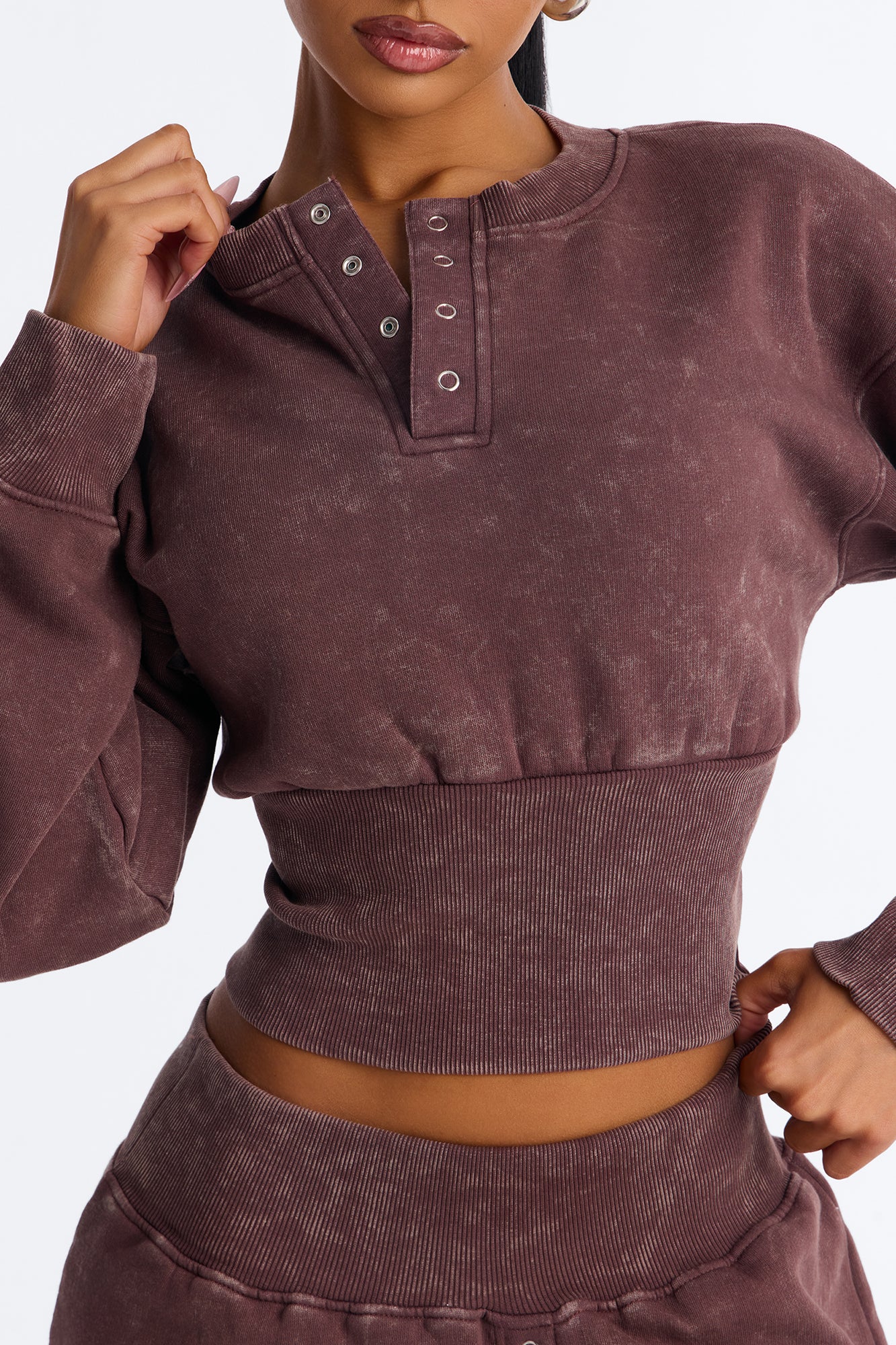 Reese Cinched Waist Fleece Short Set - Chocolate - Image 3