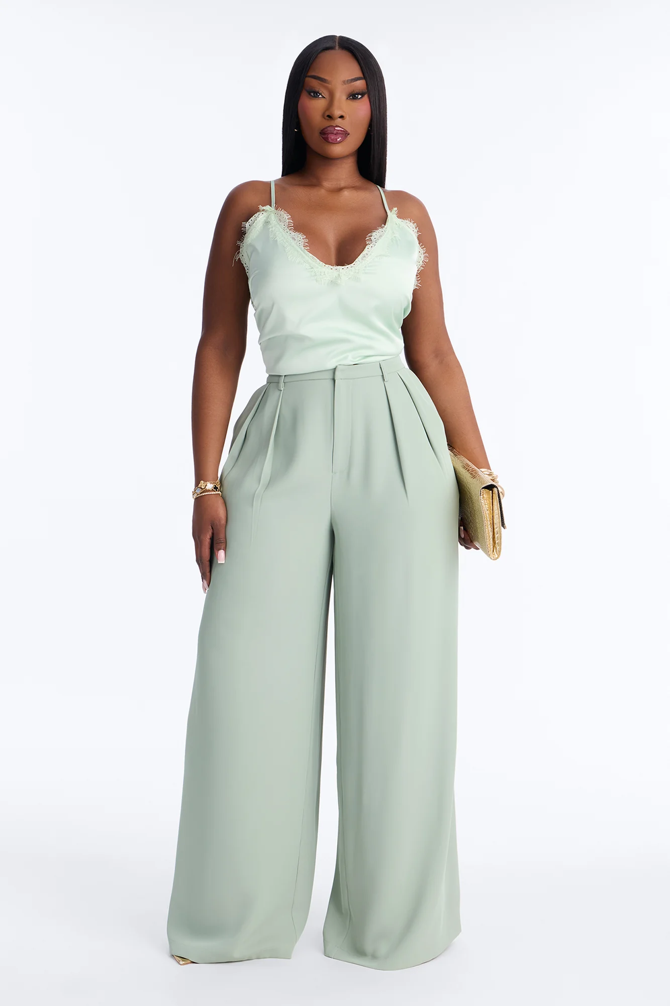 Reese Low Rise Drape Wide Leg Trouser Pant 33″ - Sage - Image 5