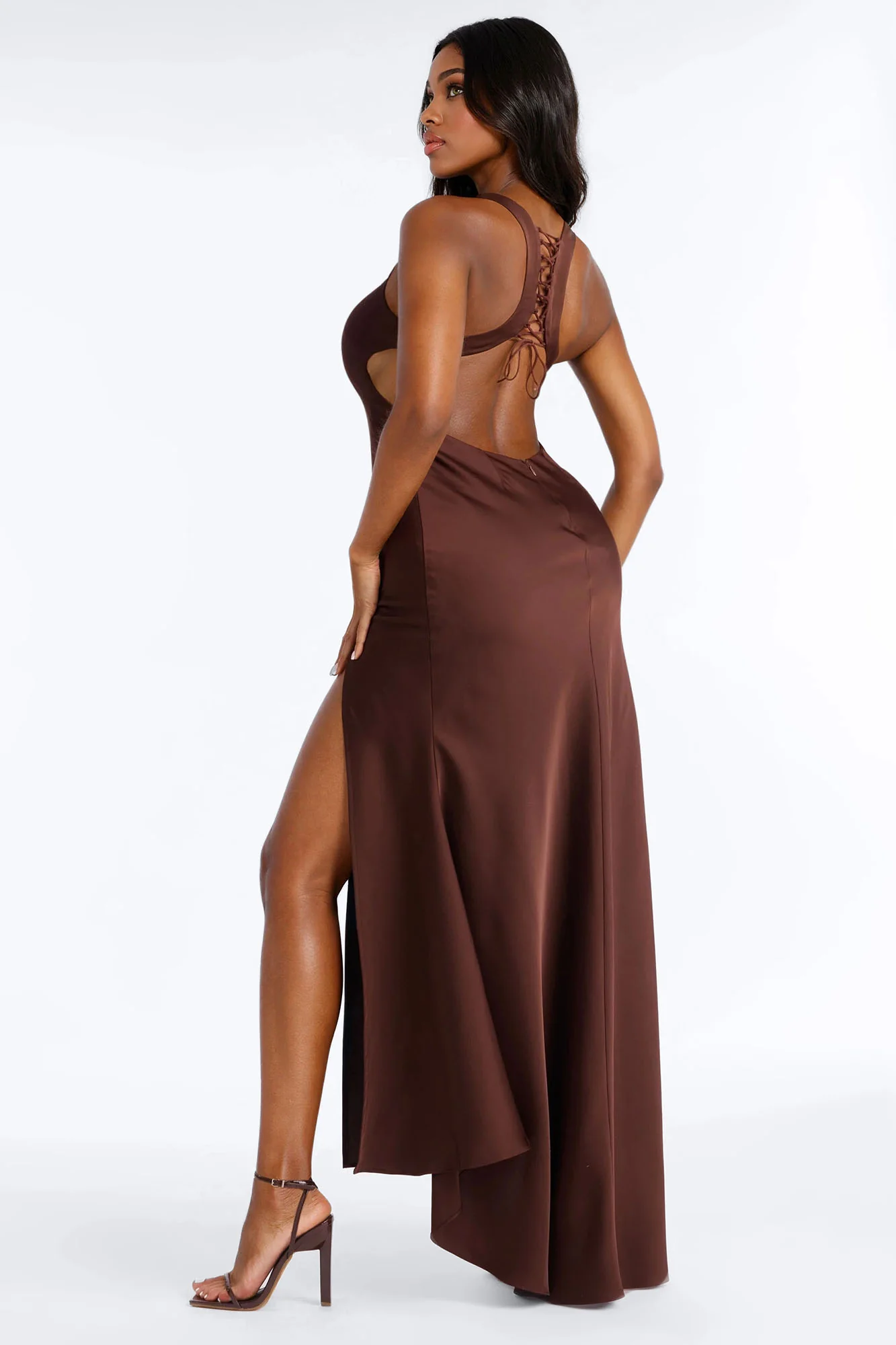 Reese Satin Maxi Dress - Chocolate - Image 4