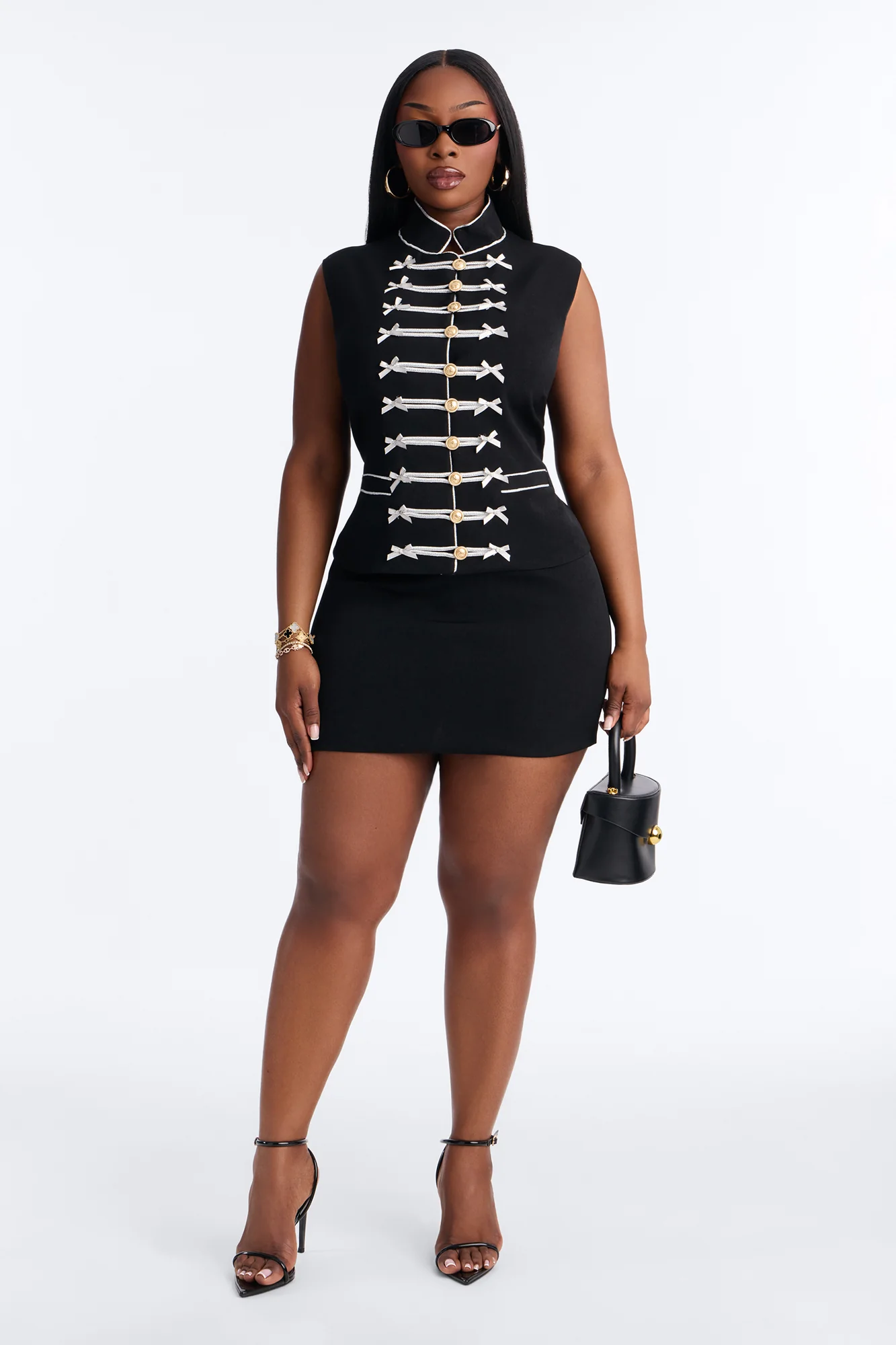 Regal Ribbon Button Up Skirt Set - Black - Image 7