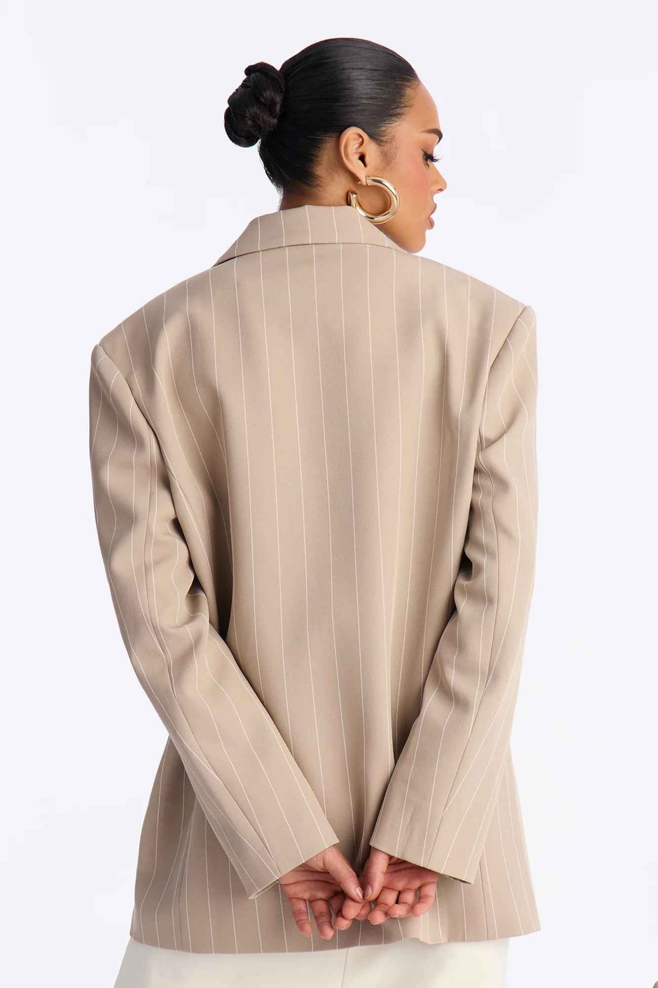 Regina Double Breasted Boyfriend Pinstripe Blazer - Stone - Image 4