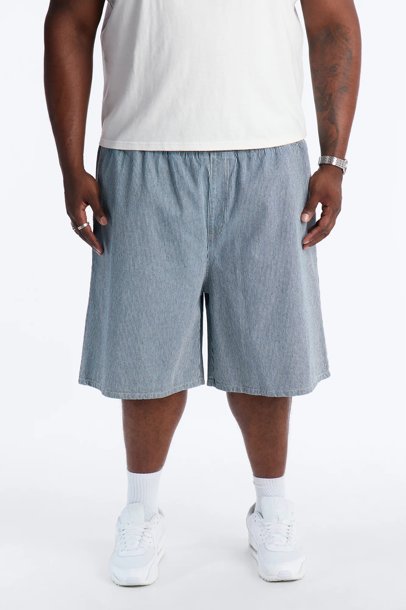Relaxed Adore Me Double Waistband Pinstripe Short - White/Blue - Image 5