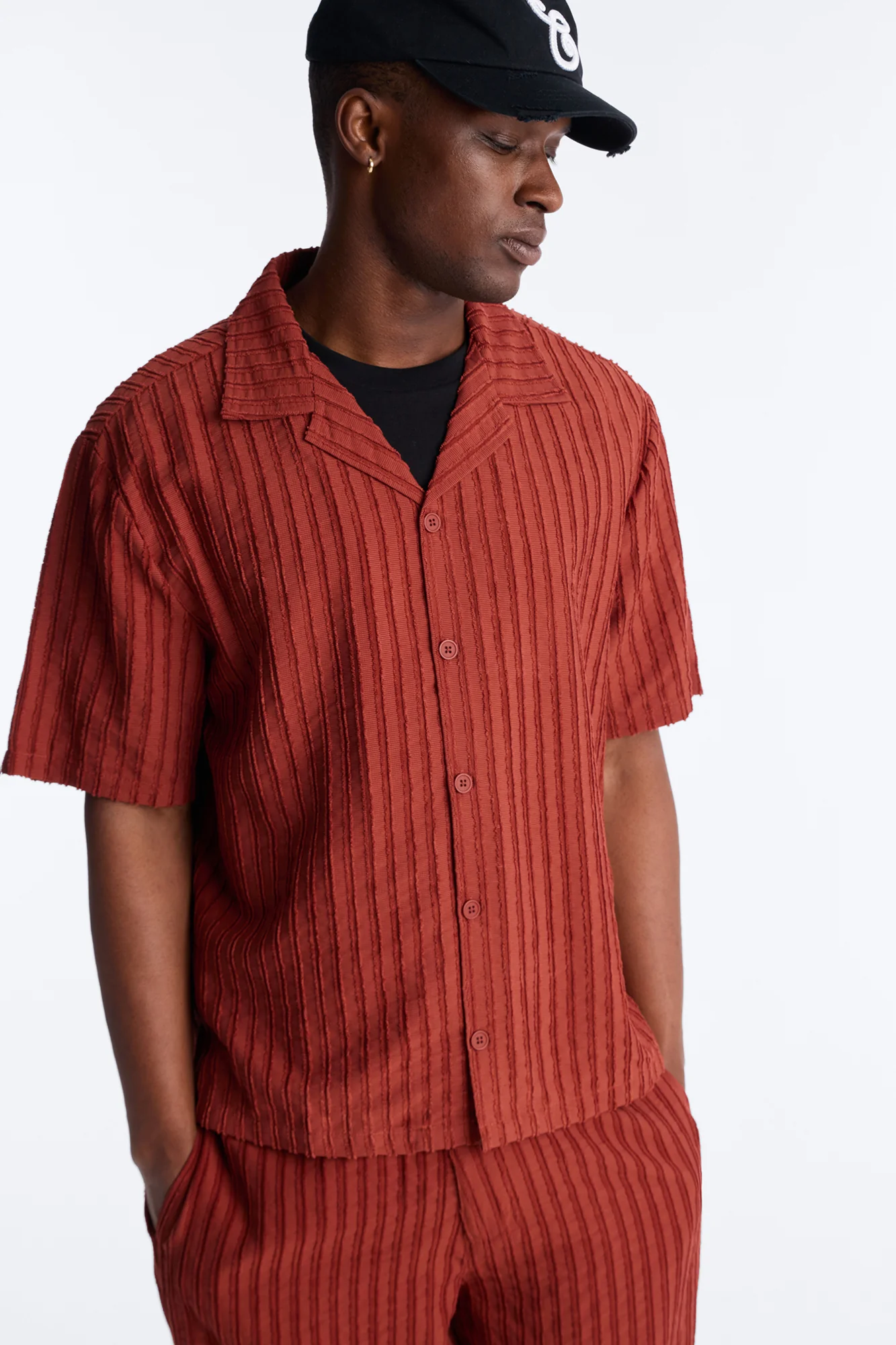 Relaxed Aegean Pleat Cuban Collar Button Up - Rust